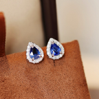 Blue Pear-Cut Sapphire Diamond Halo Stud Earrings
