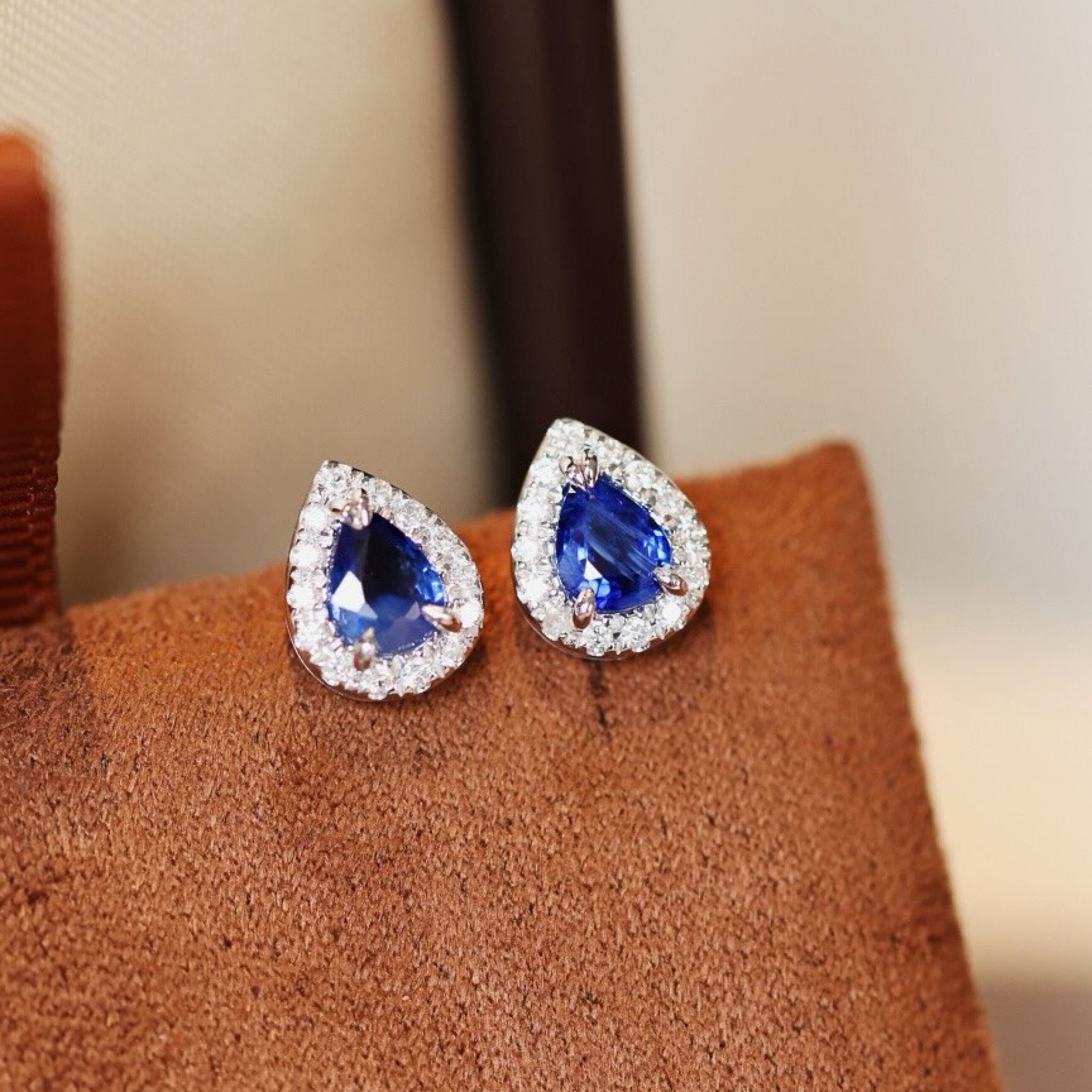 Blue Pear-Cut Sapphire Diamond Halo Stud Earrings