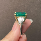 6 CT Emerald Cut Emerald Three Stone Ring | Trillion Diamond Engagement Ring | 14K Two Tone Gold Fine Jewelry