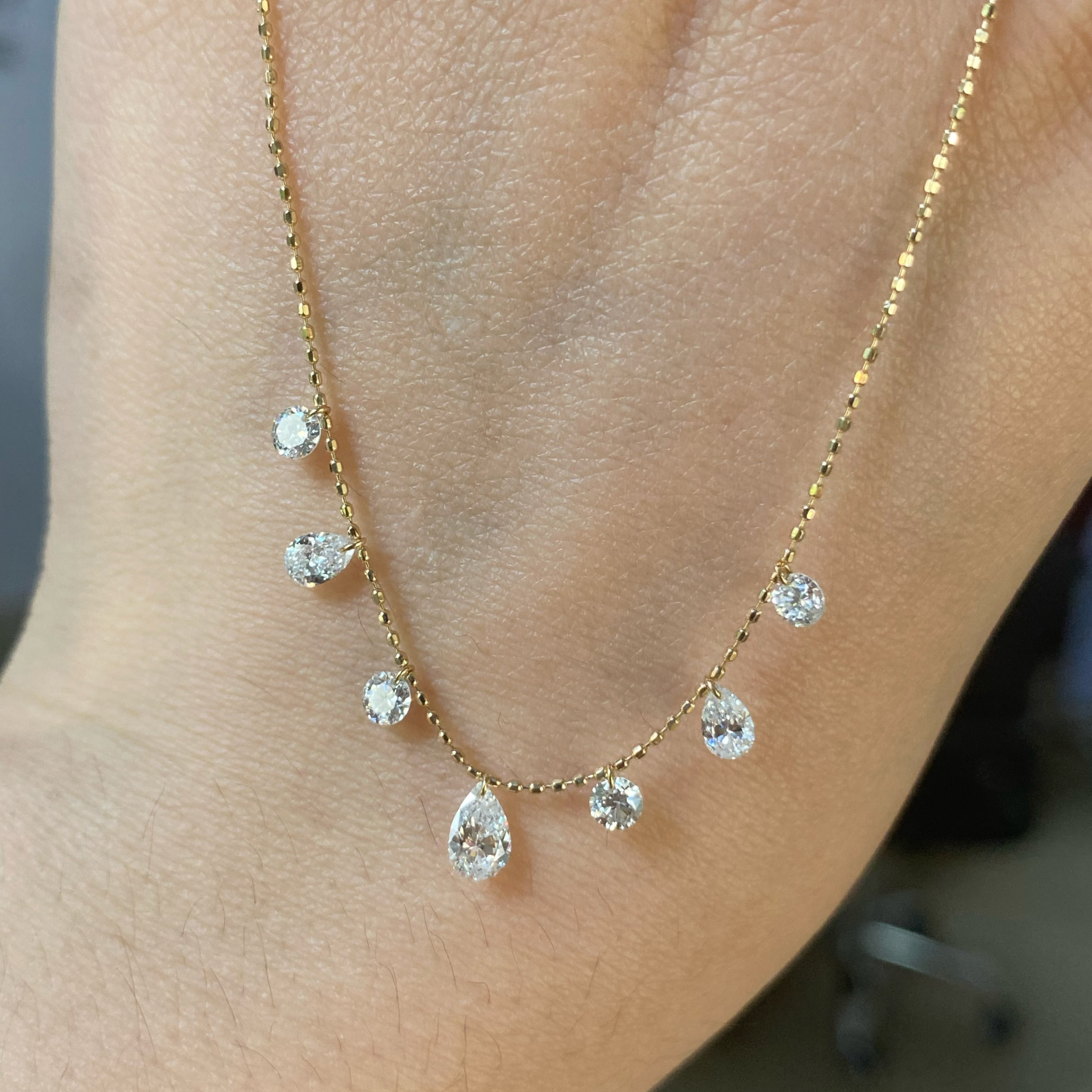 1 CT Floating Lab Grown Diamond Station Necklace | Round & Pear Diamond Dangle Necklace | 14K Gold Fine Jewelry