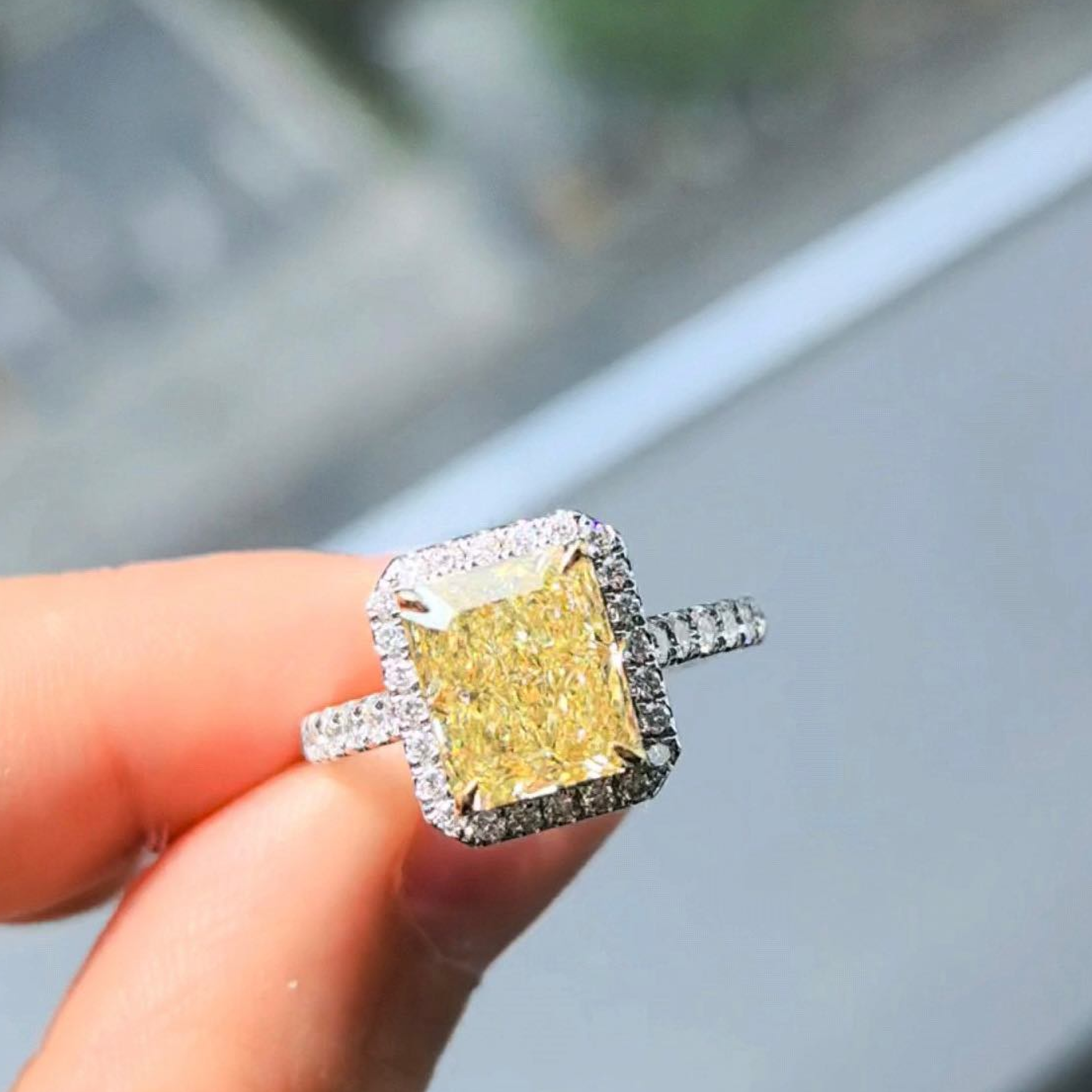 5 CT Fancy Yellow Radiant Cut Lab Grown Diamond Halo Engagement Ring | Hidden Halo Pave Band | 14K Gold