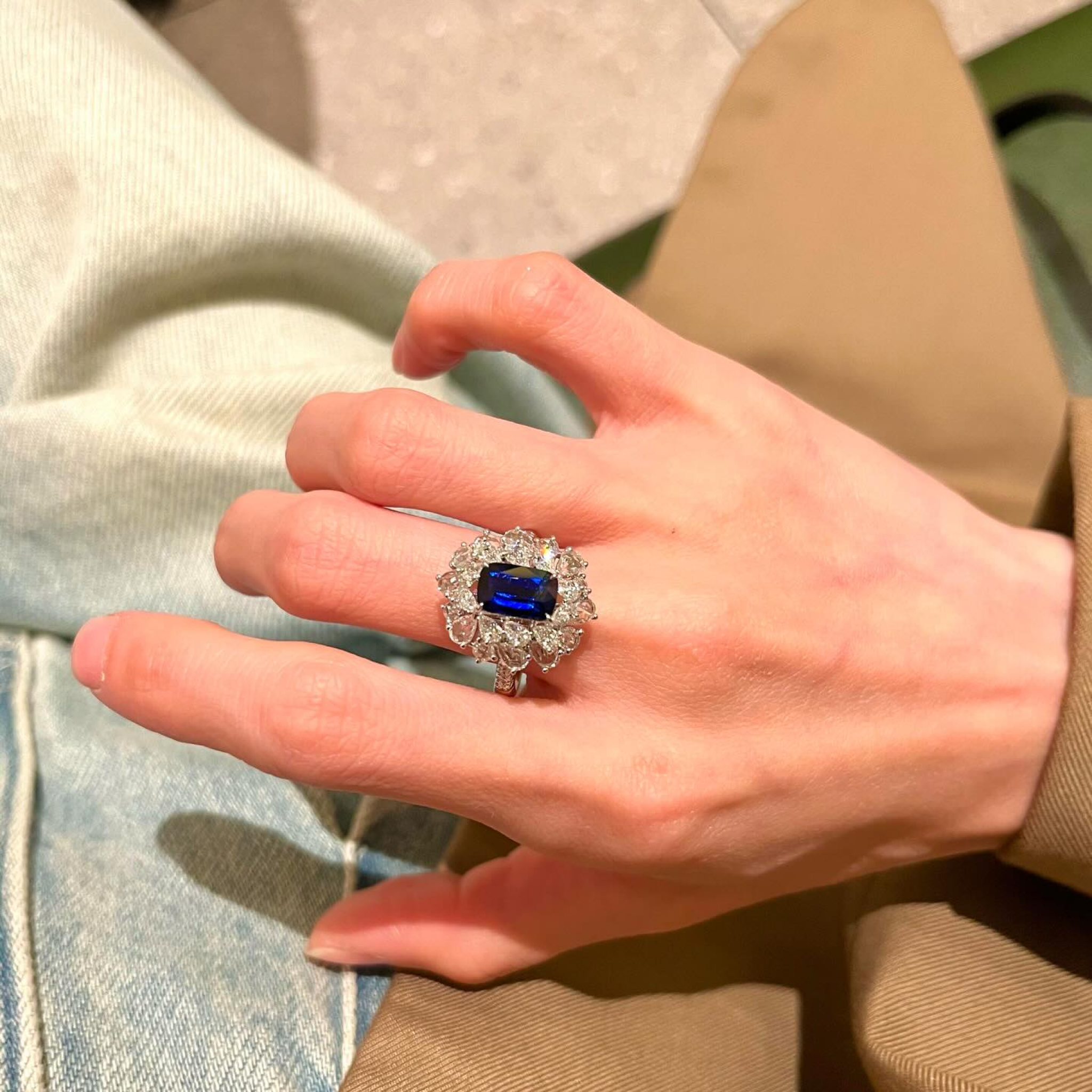Emerald Cut Blue Sapphire Floral Halo Cocktail Ring | Diamond Cluster Statement Ring