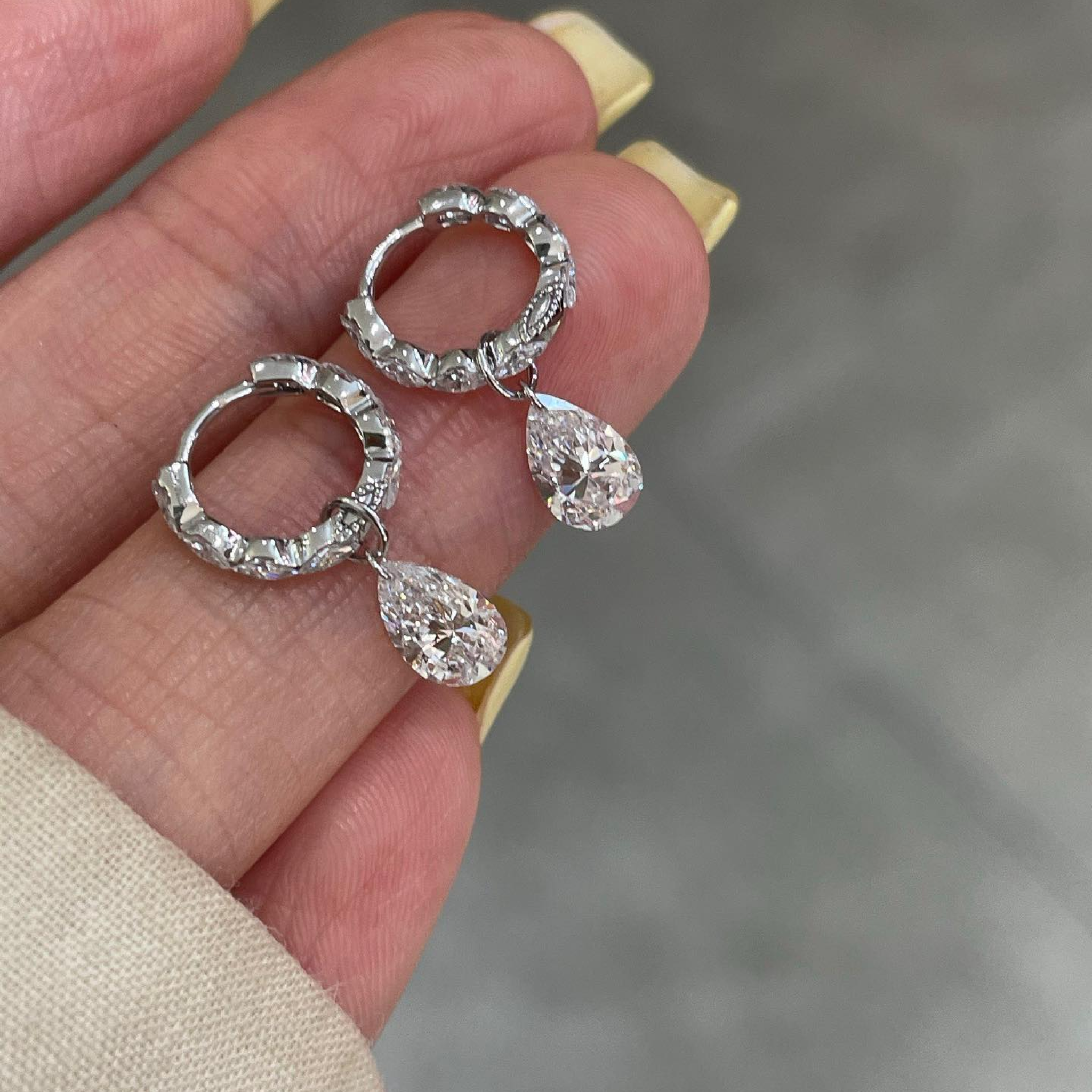 Pear Drop Lab Grown Diamond Hoop Earrings | Diamond Huggie Dangle Earrings