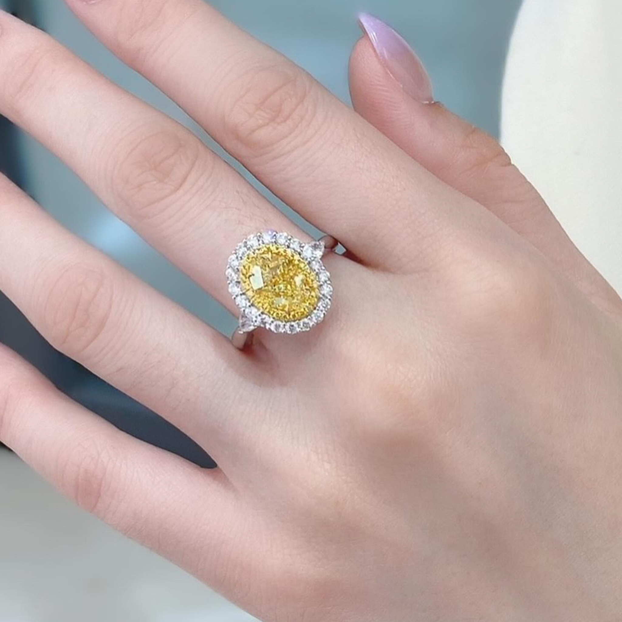 Fancy Yellow Oval Diamond Double Halo Ring | Trillion Side Stone Engagement Ring