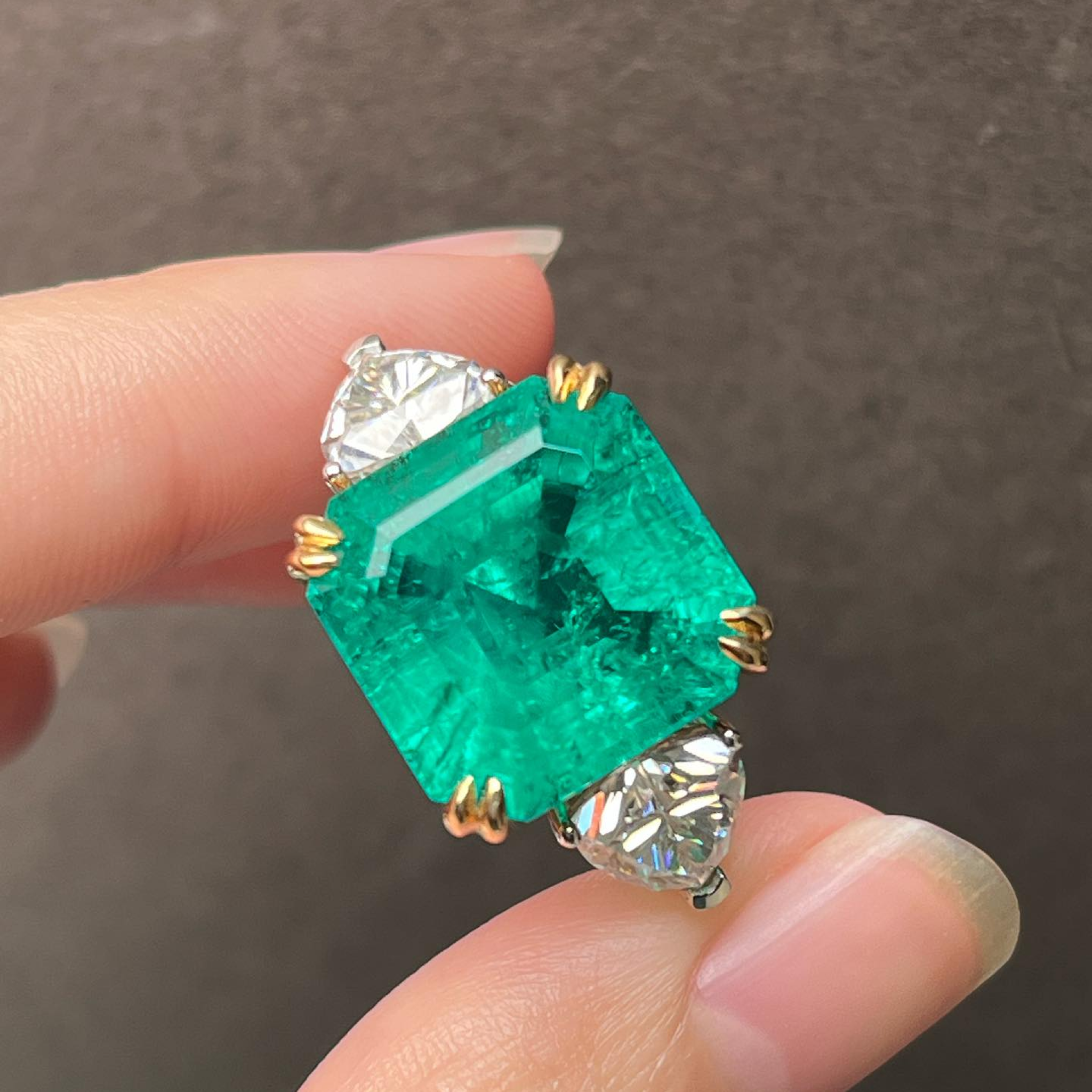 6 CT Emerald Cut Emerald Three Stone Ring | Trillion Diamond Engagement Ring | 14K Two Tone Gold Fine Jewelry