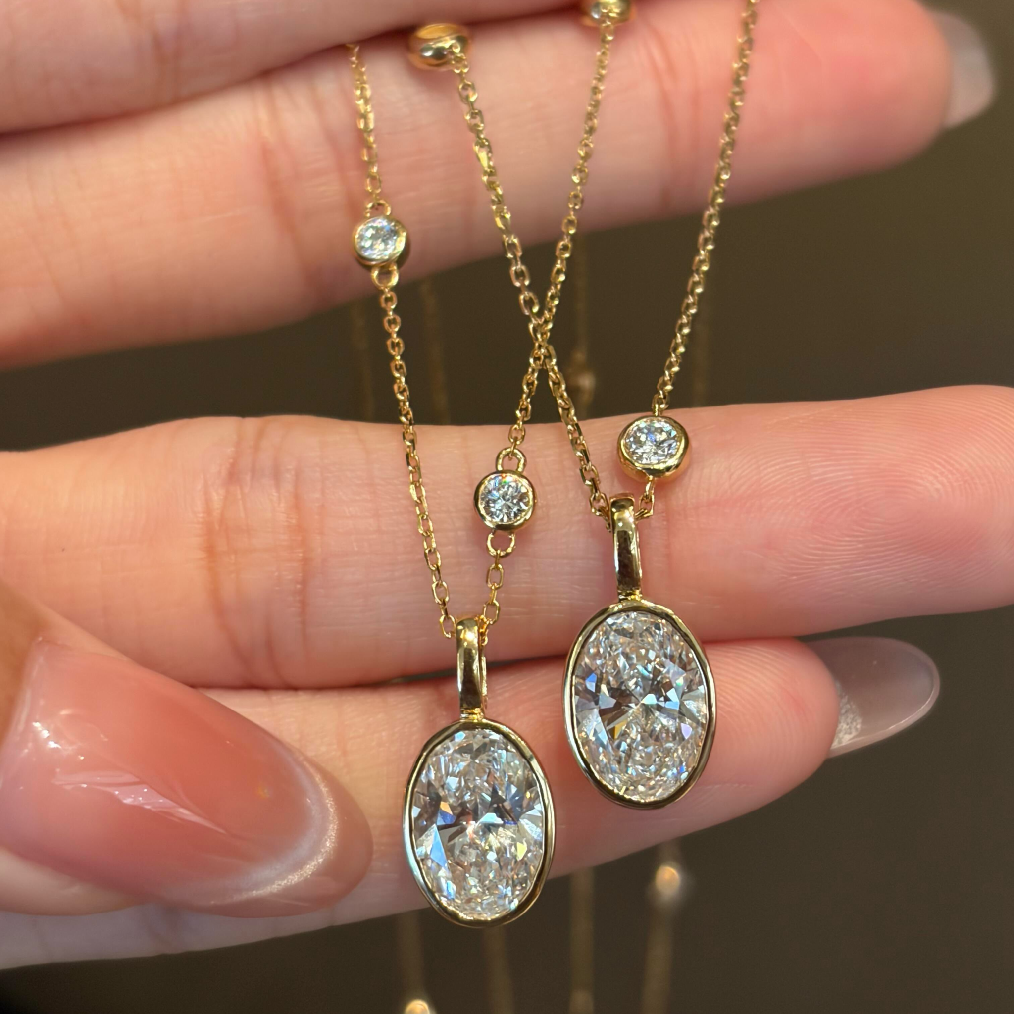 Oval Lab Grown Diamond Bezel Station Necklace | Minimalist Solitaire Pendant Necklace