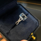 Light Blue Cushion Cut Engagement Ring | Twisted Pavé Diamond Band | White Gold Solitaire Ring