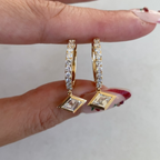 Lozenge Cut Lab Diamond Charm Hoop Earrings | Bezel Set Geometric Diamond Drop Earrings