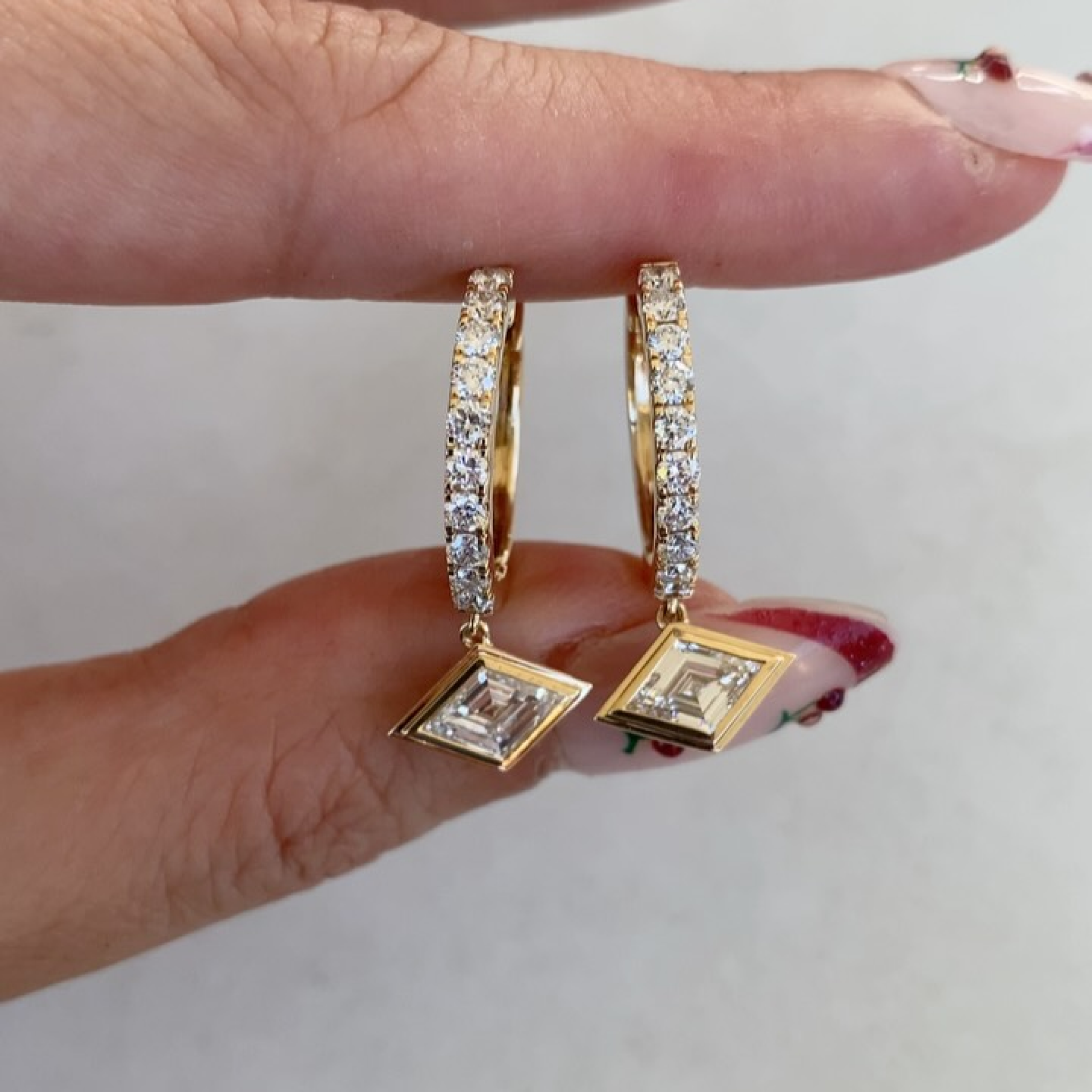 Lozenge Cut Lab Diamond Charm Hoop Earrings | Bezel Set Geometric Diamond Drop Earrings