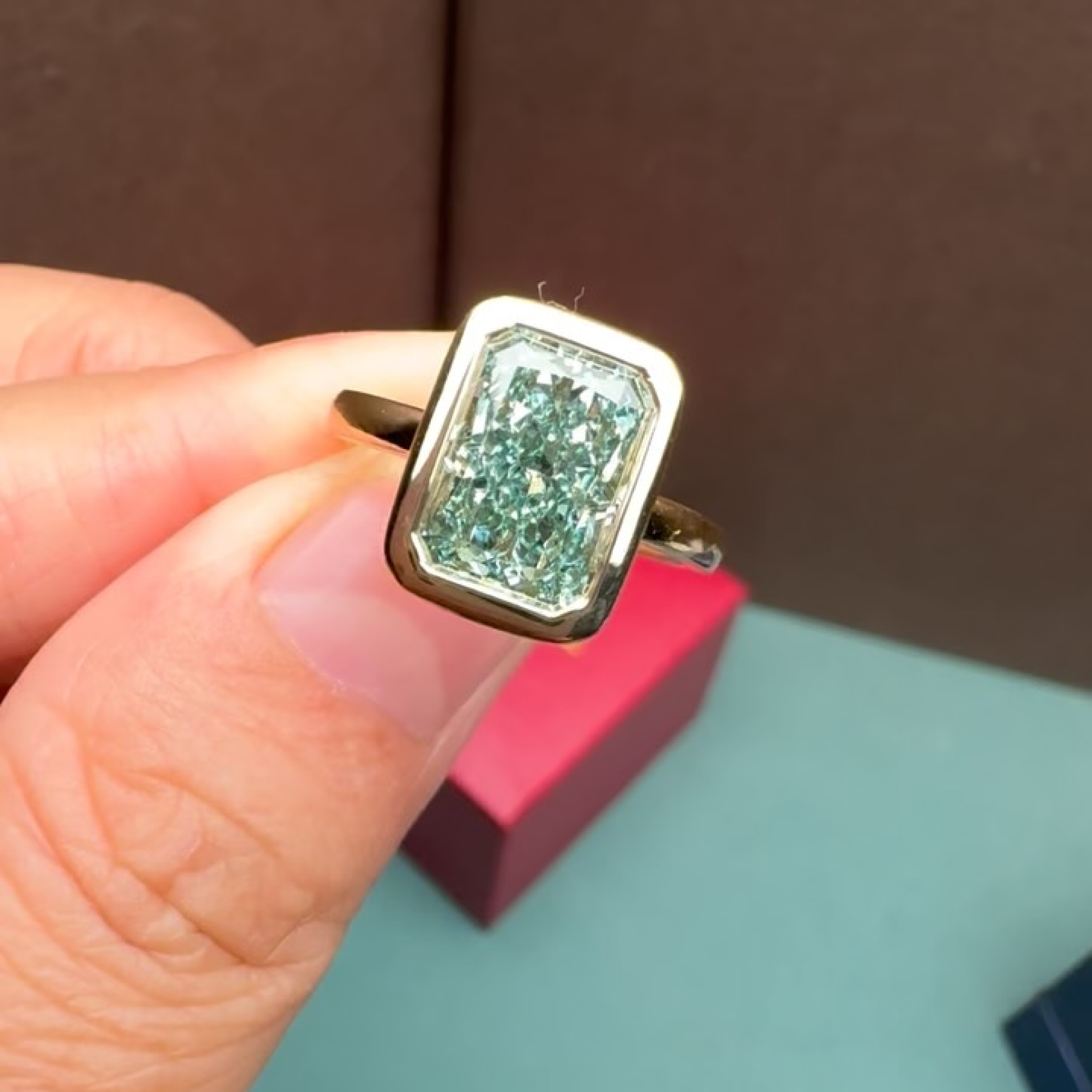 Radiant Cut Green Lab Grown Diamond Bezel Ring | Fancy Green Solitaire Engagement Ring | 14K Gold
