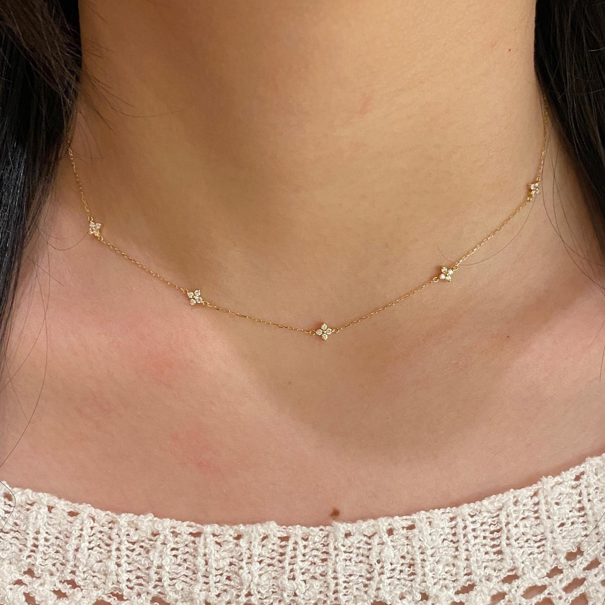 Dainty Diamond Flower Station Necklace | 14K Gold Floral Diamond Chain | Minimalist Everyday Layering Jewelry
