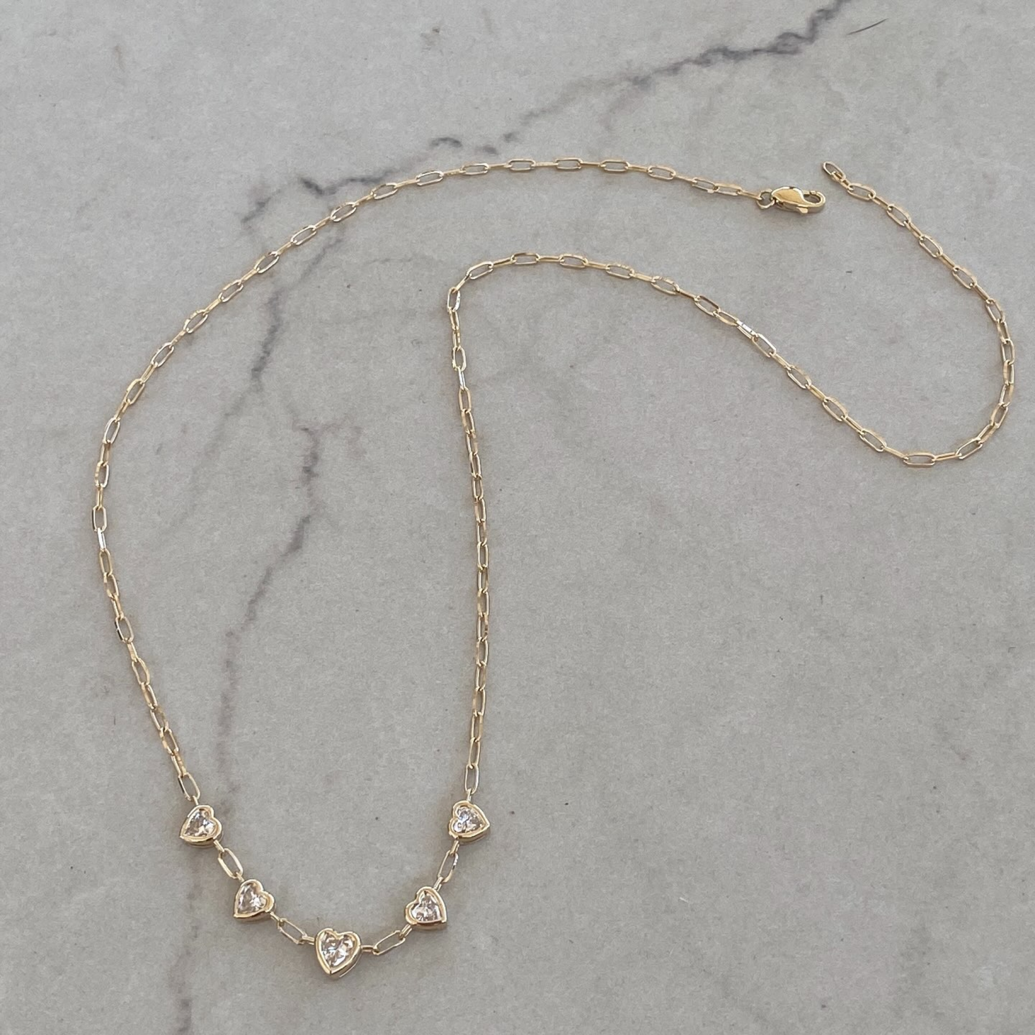 Heart Paperclip Necklace with Bezel Set Lab Grown Diamond Hearts | 14K Solid Gold Dainty Necklace