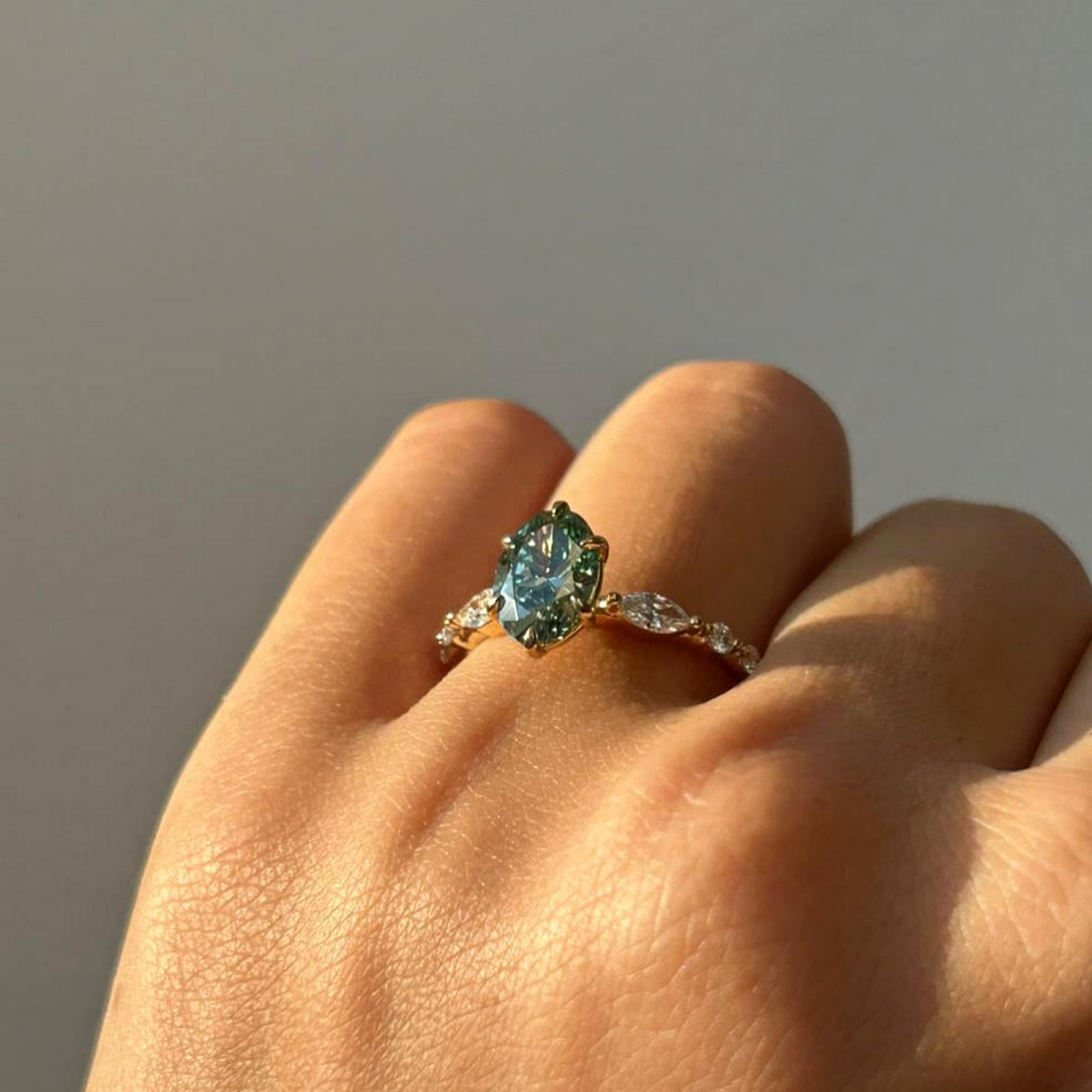 1 CT Deep Green Oval Lab Grown Diamond Engagement Ring | Marquise Side Stone Solitaire Ring | 14K Solid Gold