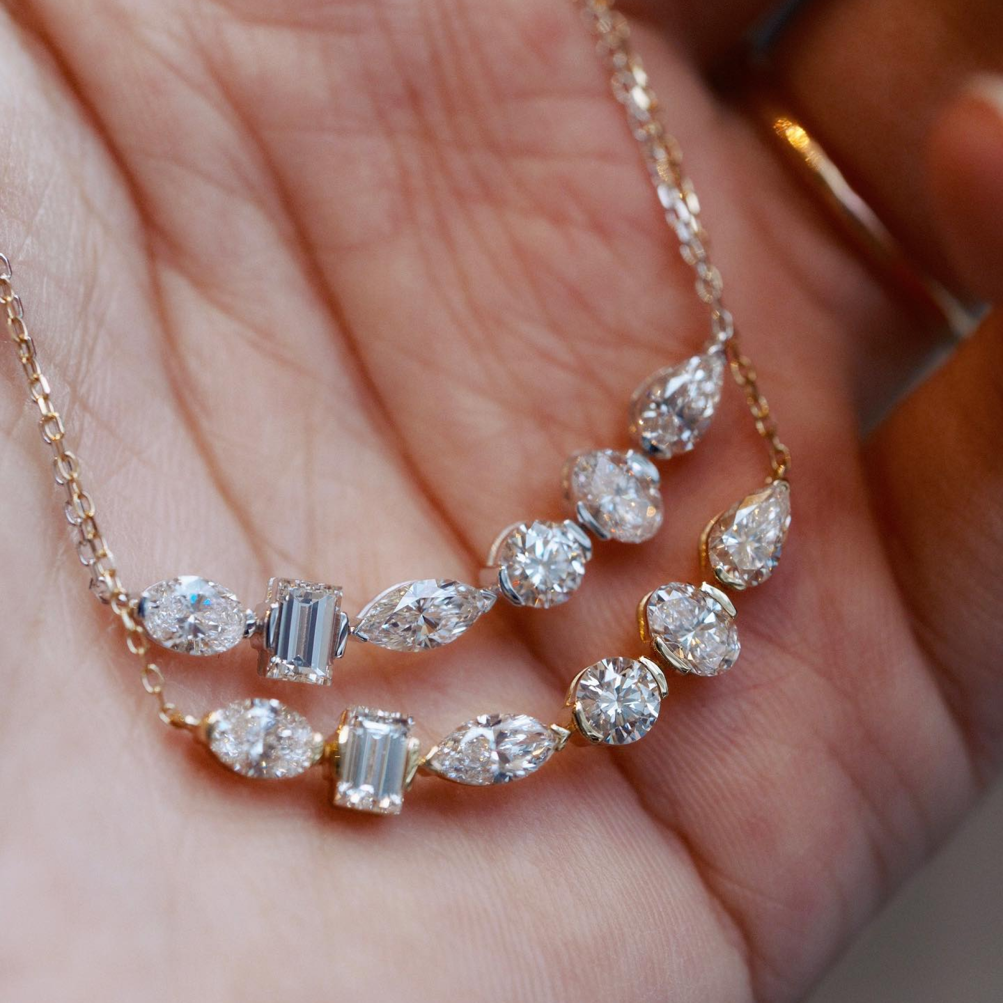 Mixed Shape Lab Grown Diamond Bar Necklace | Emerald, Marquise, Oval, Round & Pear Cut Diamonds in 14K Solid Gold