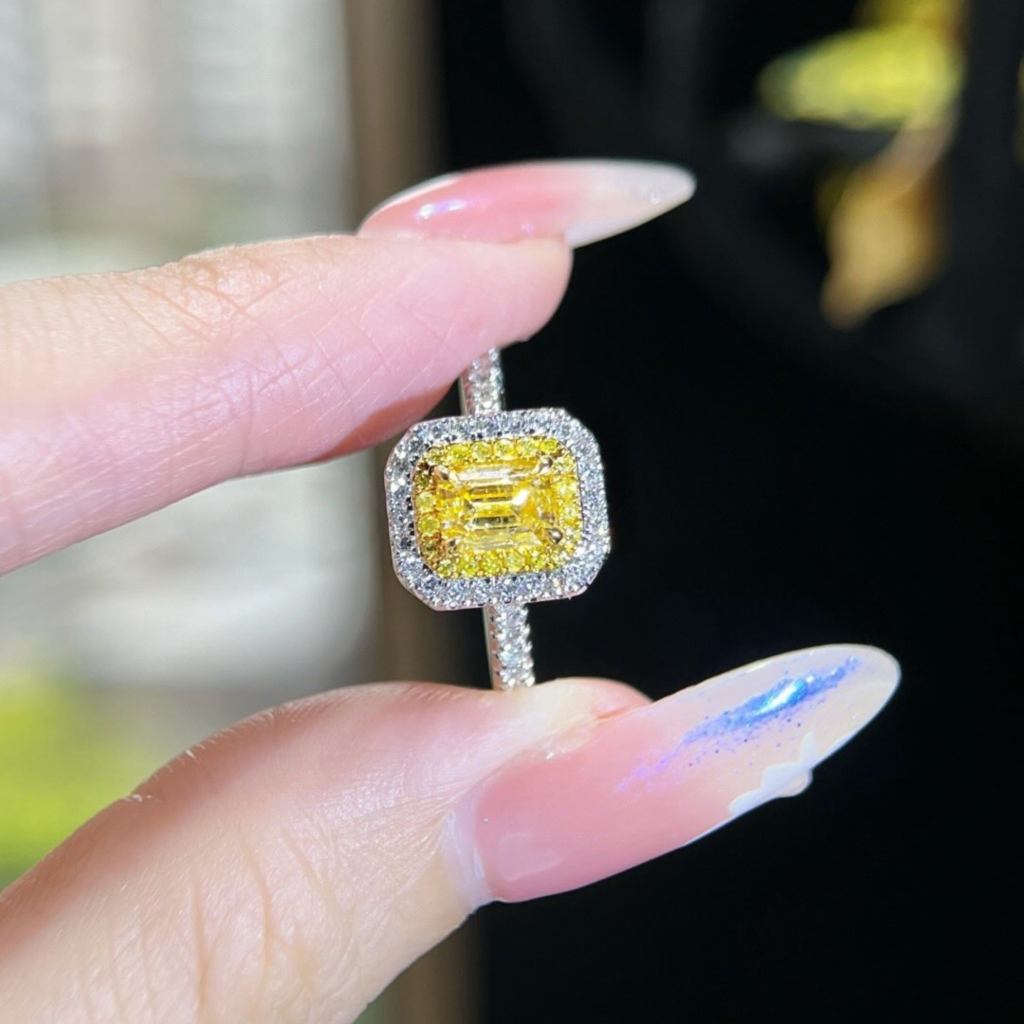 Fancy Yellow Diamond Halo Engagement Ring | Radiant Cut Pavé Diamond Ring