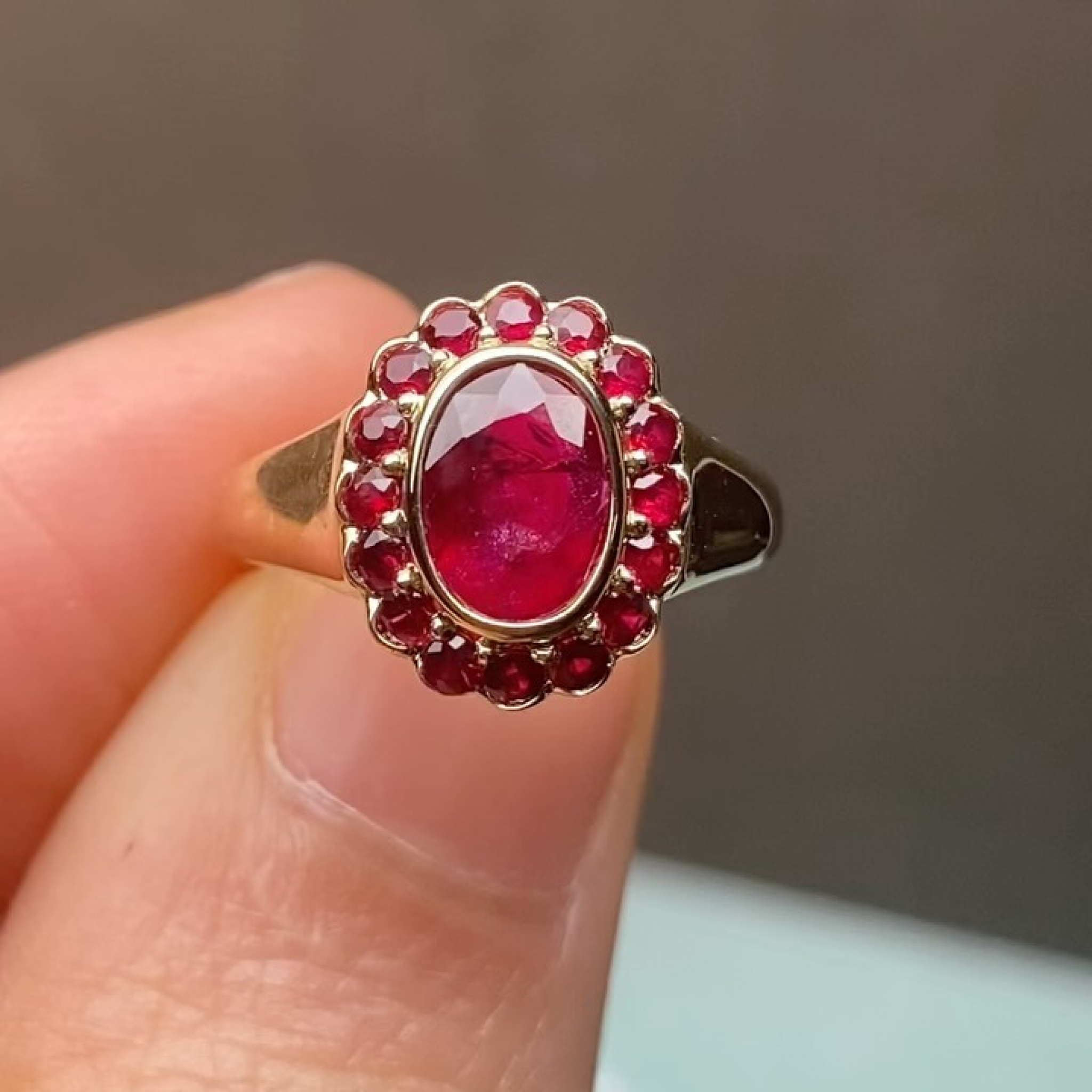 1 CT Oval Red Ruby Halo Ring in Yellow Gold | Vintage Ruby Statement Ring