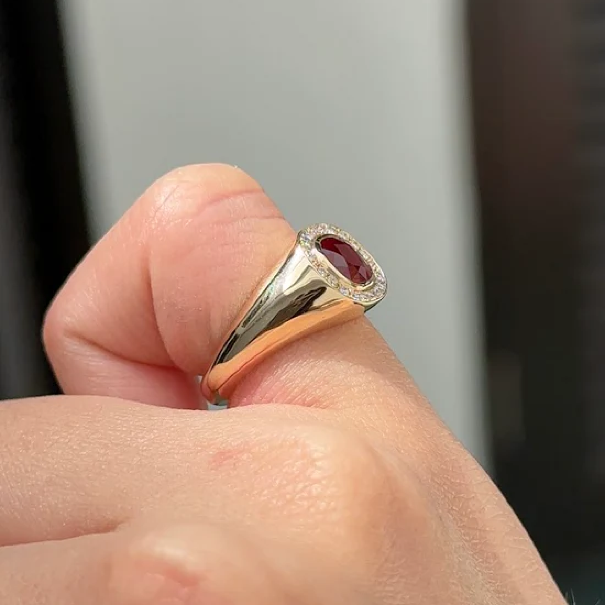 1 carat Natural Ruby Cushion Cut with Halo Diamond Pinky Ring