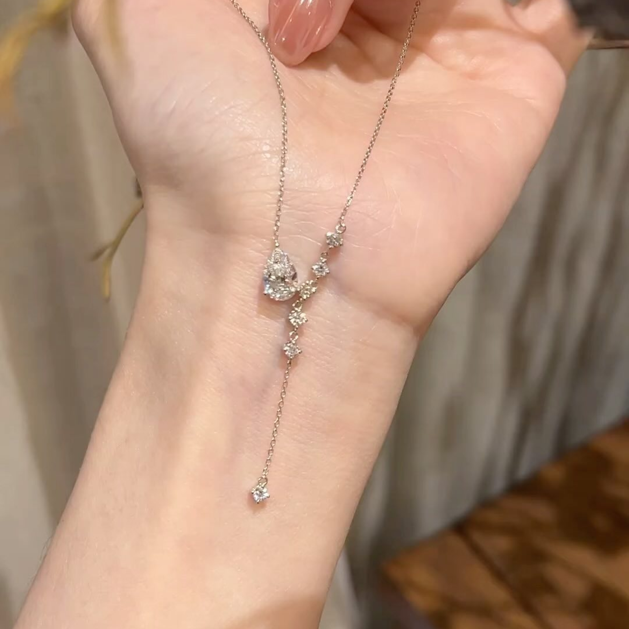 Pear Cut Lab Grown Diamond Y Drop Necklace | Round Diamond Lariat Pendant | 14K White Gold Bridal Necklace