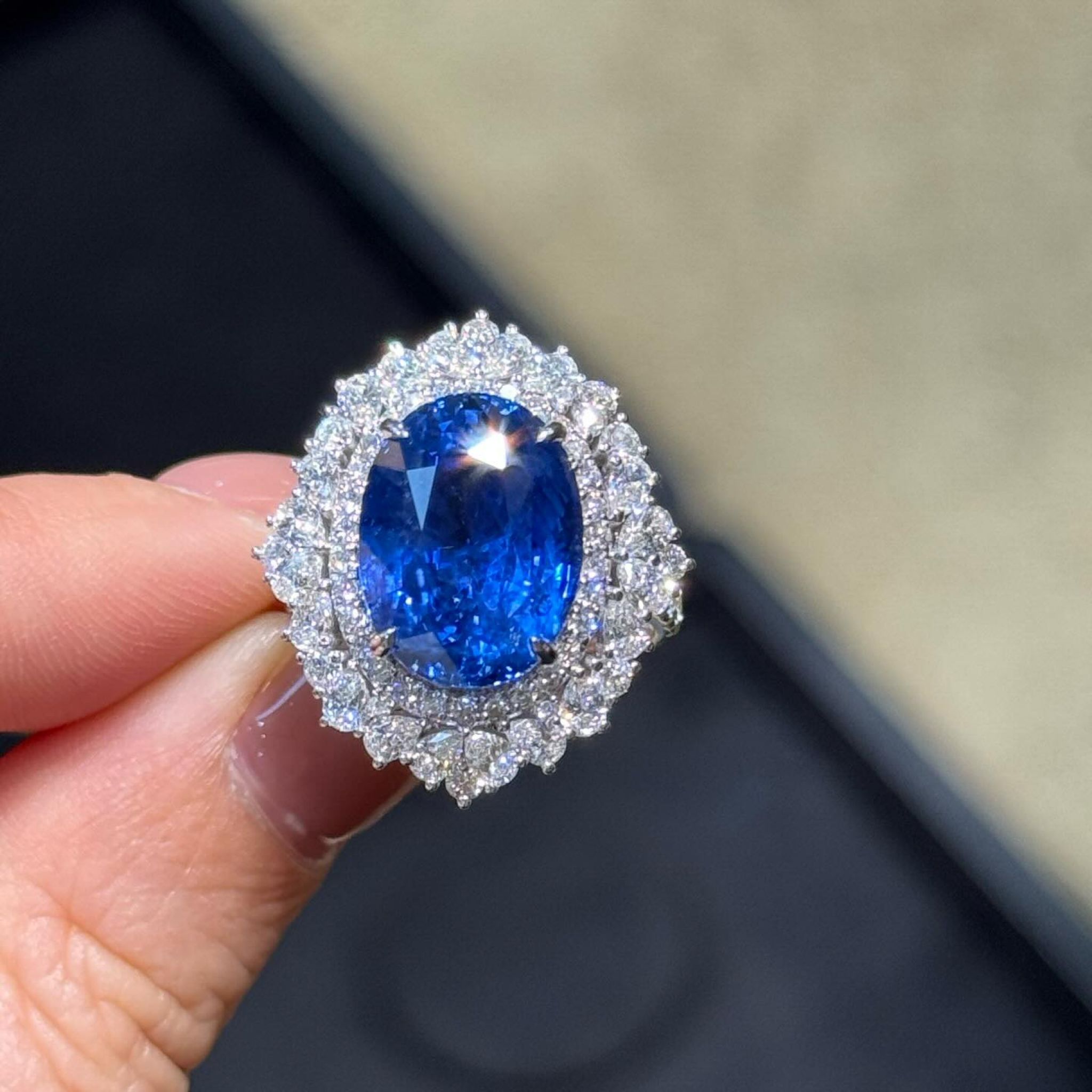 Oval Blue Sapphire & Diamond Double Halo Ring | Vintage Cocktail Ring