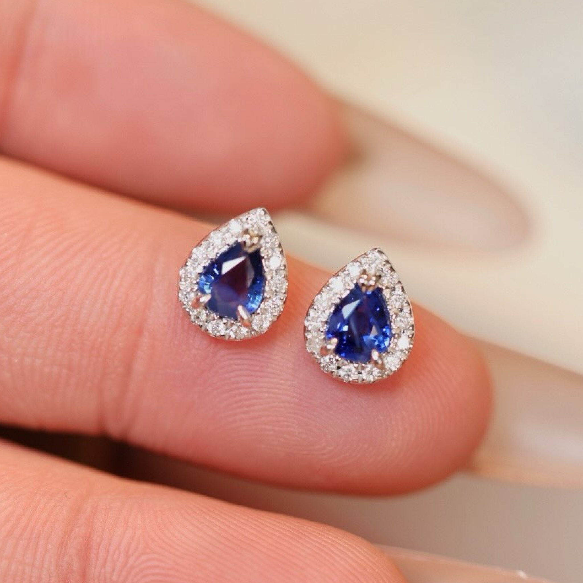Blue Pear-Cut Sapphire Diamond Halo Stud Earrings
