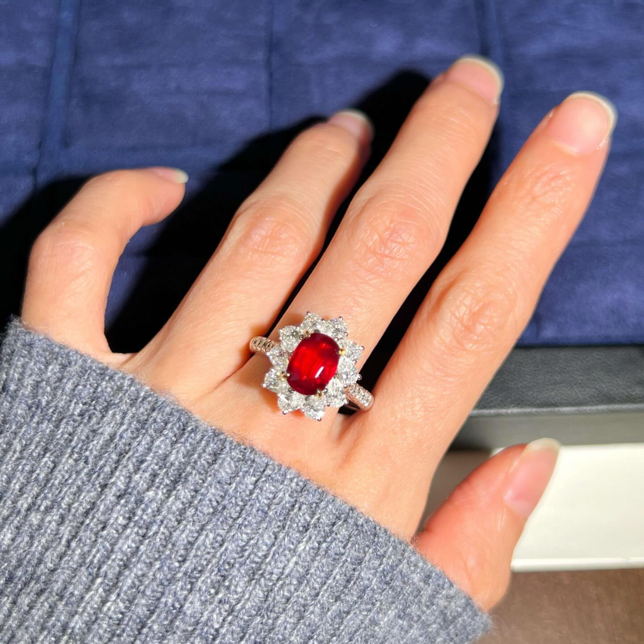 Oval Ruby & Diamond Floral Halo Cocktail Ring | Luxury Statement Ring