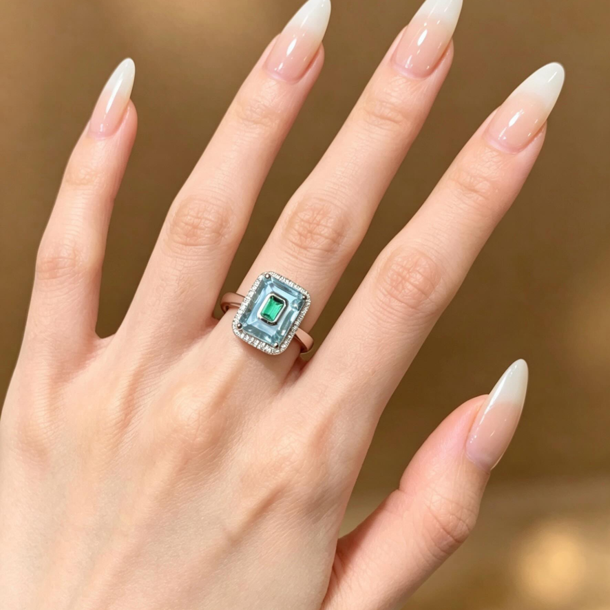 Emerald-Cut Aquamarine & Lab Emerald Halo Engagement Ring with Diamond Pavé Border