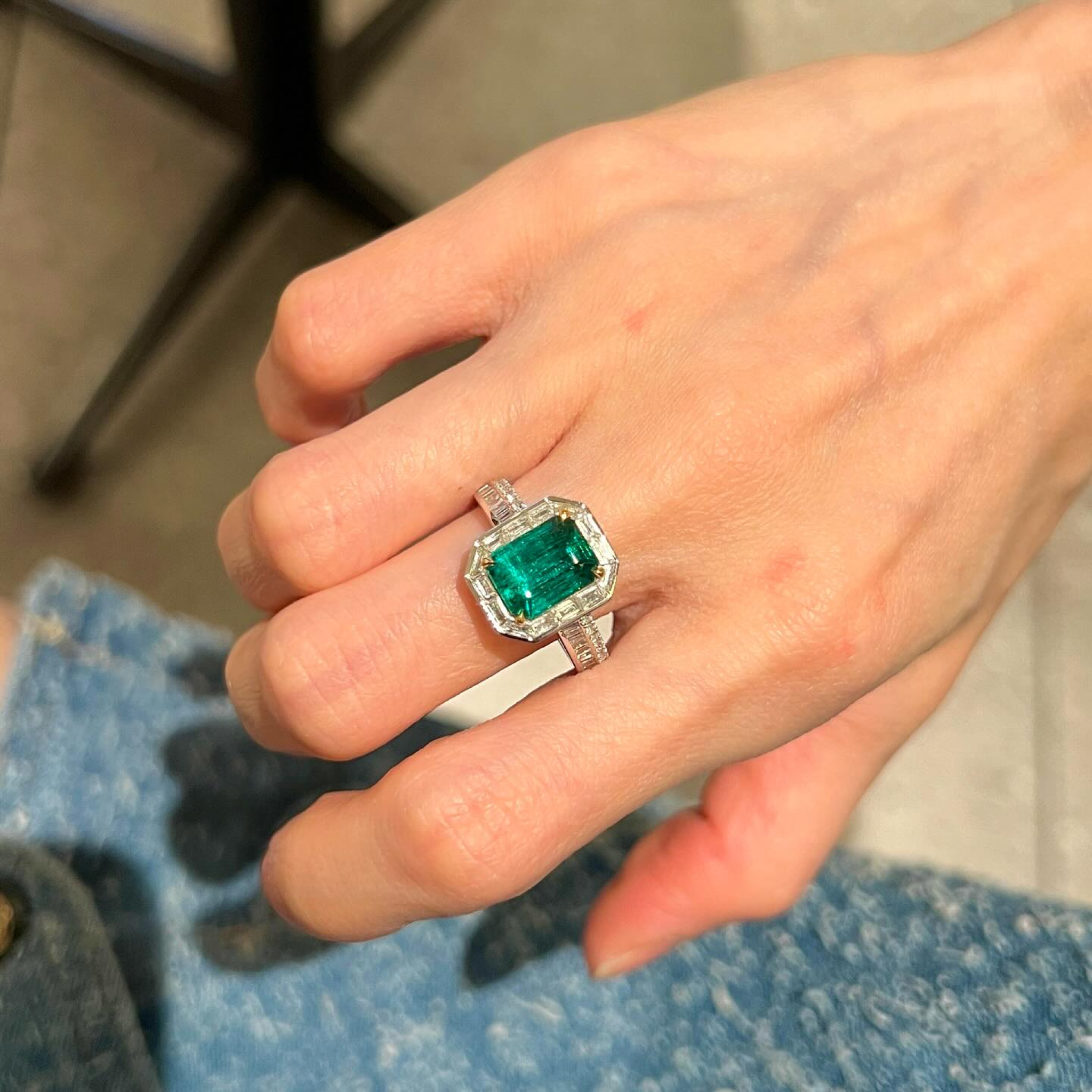 Emerald Cut Emerald & Baguette Diamond Halo Ring | Art Deco Engagement Ring