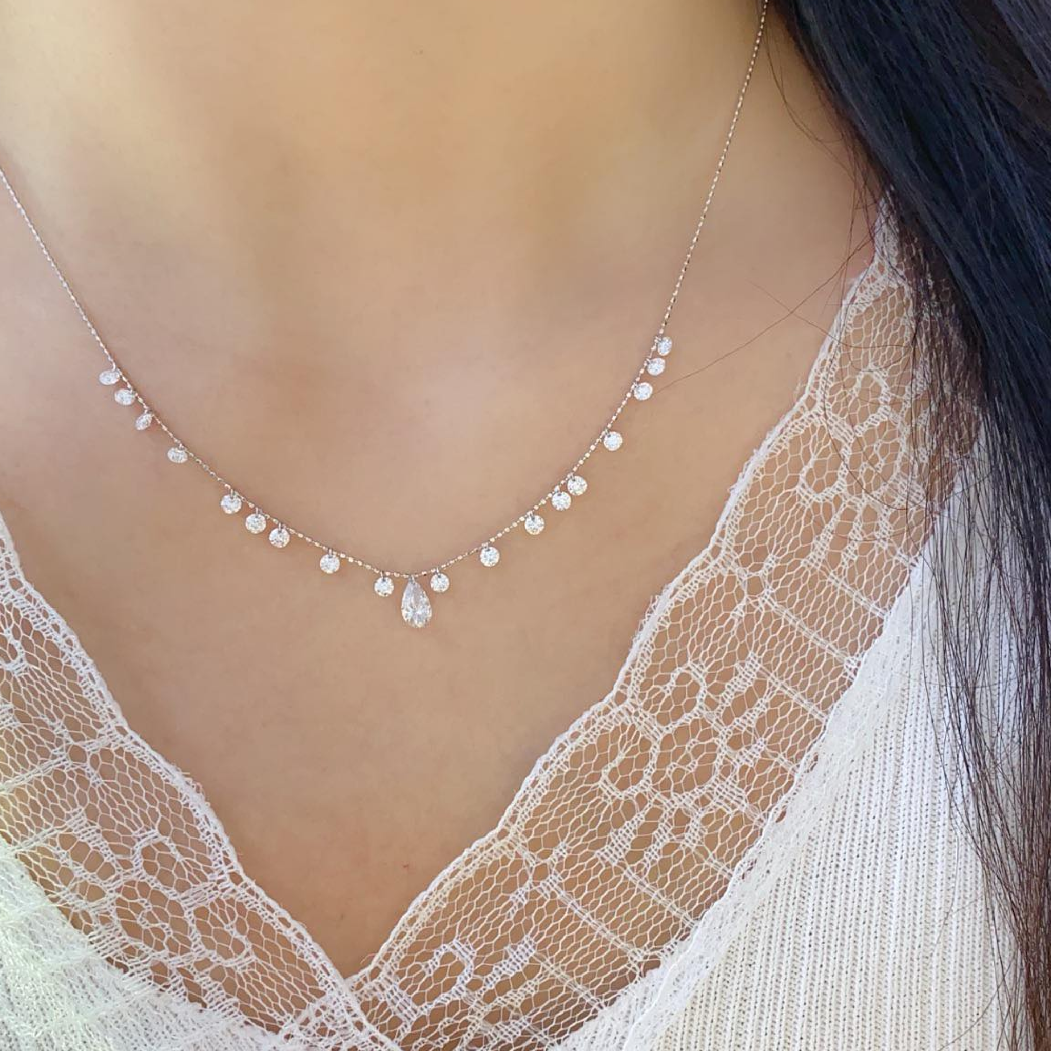 Pear Lab Grown Diamond Station Necklace | Floating Diamond Drop Necklace