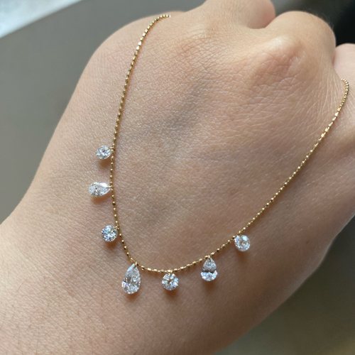 1 CT Floating Lab Grown Diamond Station Necklace | Round & Pear Diamond Dangle Necklace | 14K Gold Fine Jewelry