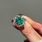 2 CT Green Emerald Cut Lab Grown Diamond Ring | Vintage Floral Halo Engagement Ring | Split Shank Diamond Bridal Ring