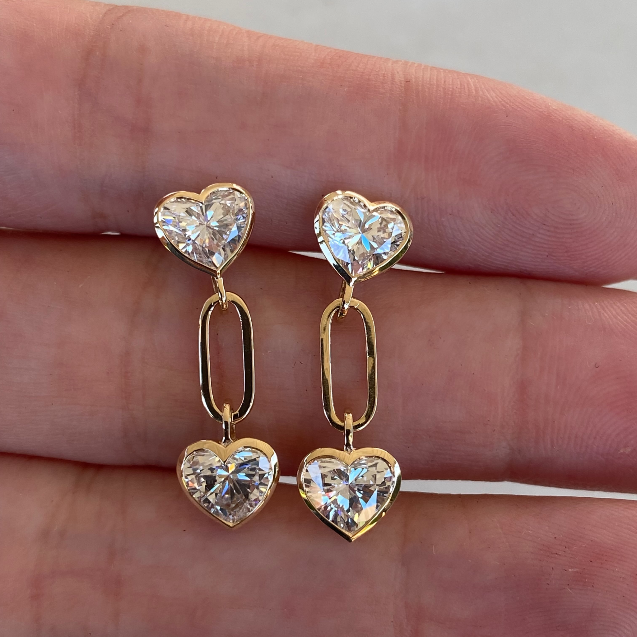 Heart Cut Lab Grown Diamond Paperclip Link Drop Earrings | 14K Gold Double Heart Dangle Earrings