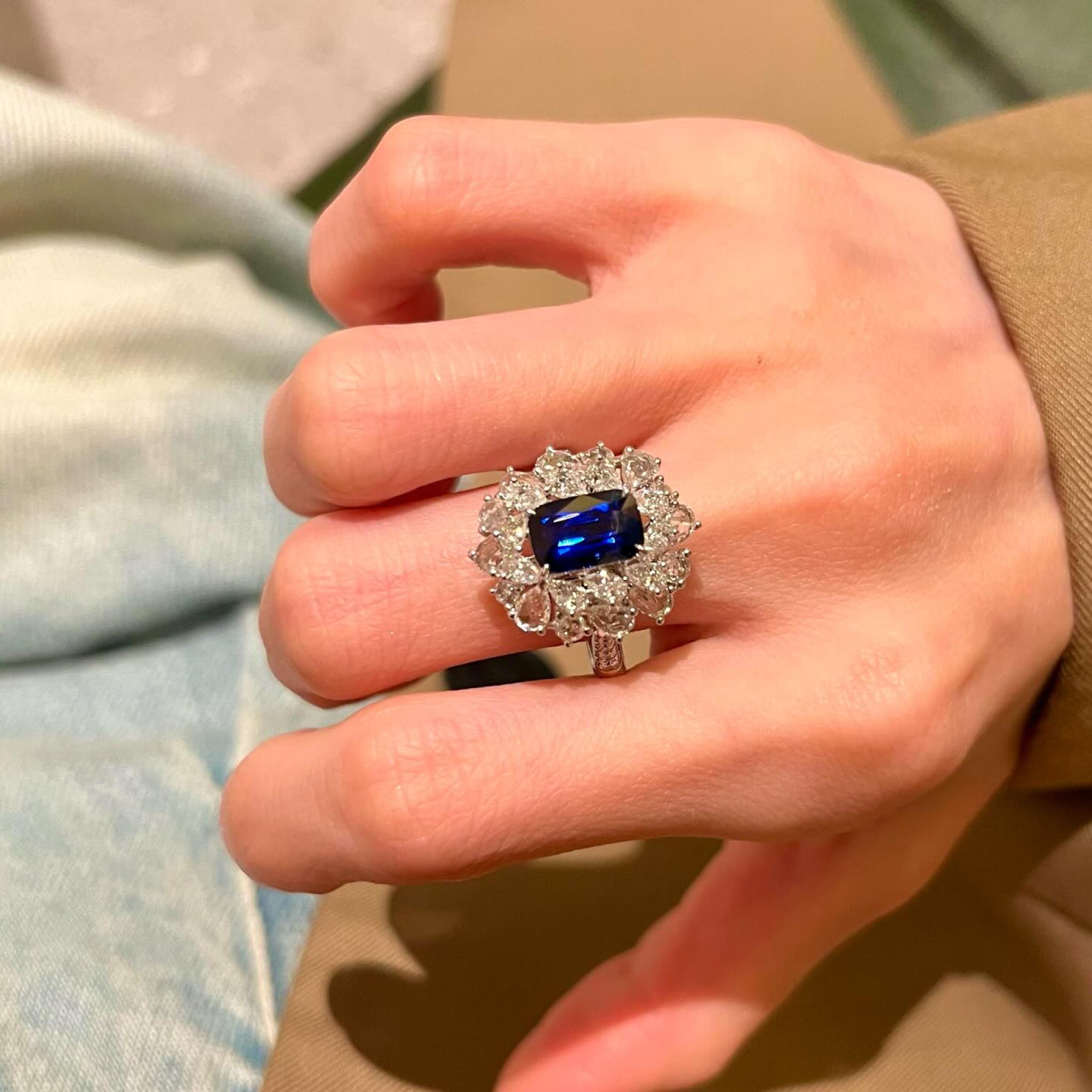 Emerald Cut Blue Sapphire Floral Halo Cocktail Ring | Diamond Cluster Statement Ring