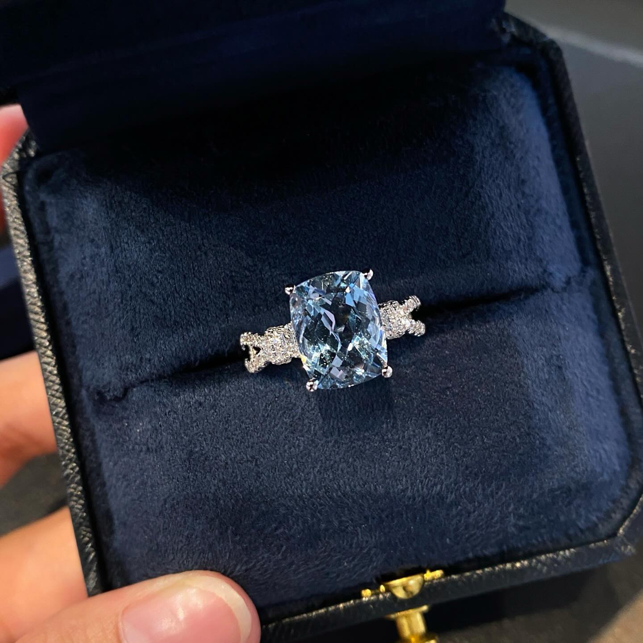 Light Blue Cushion Cut Engagement Ring | Twisted Pavé Diamond Band | White Gold Solitaire Ring