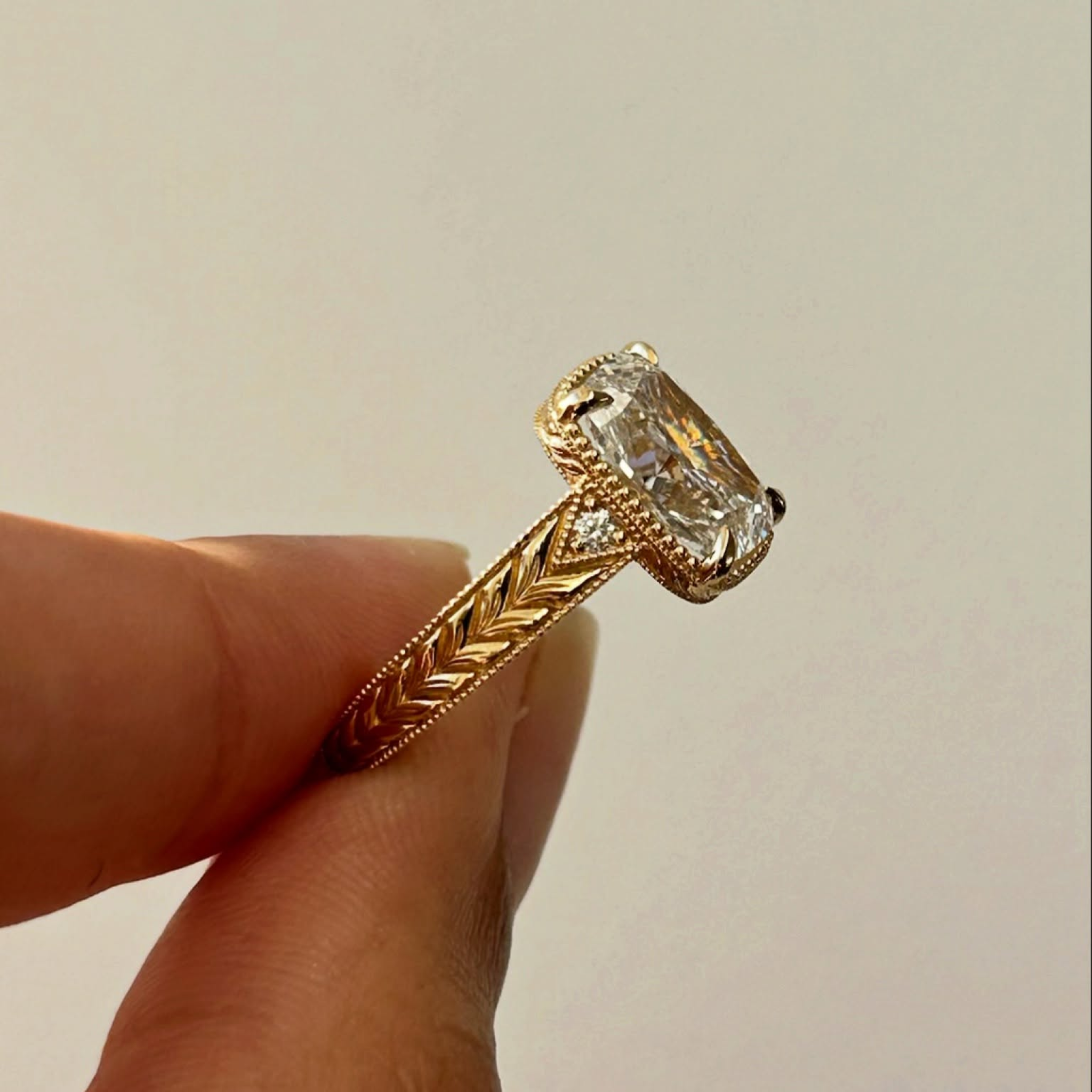 2 CT Radiant Cut Lab Grown Diamond Vintage Engagement Ring | Milgrain Bezel, Hand Engraved 14K Solid Gold Ring