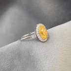 Fancy Yellow Oval Diamond Double Halo Ring | Trillion Side Stone Engagement Ring