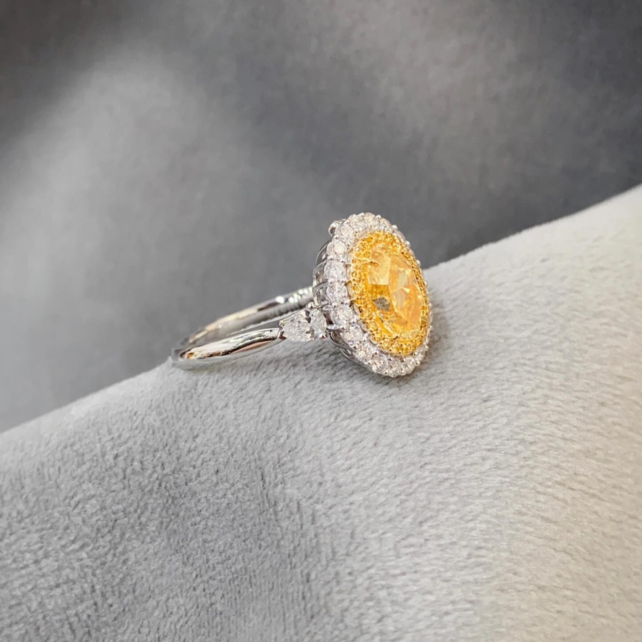Fancy Yellow Oval Diamond Double Halo Ring | Trillion Side Stone Engagement Ring