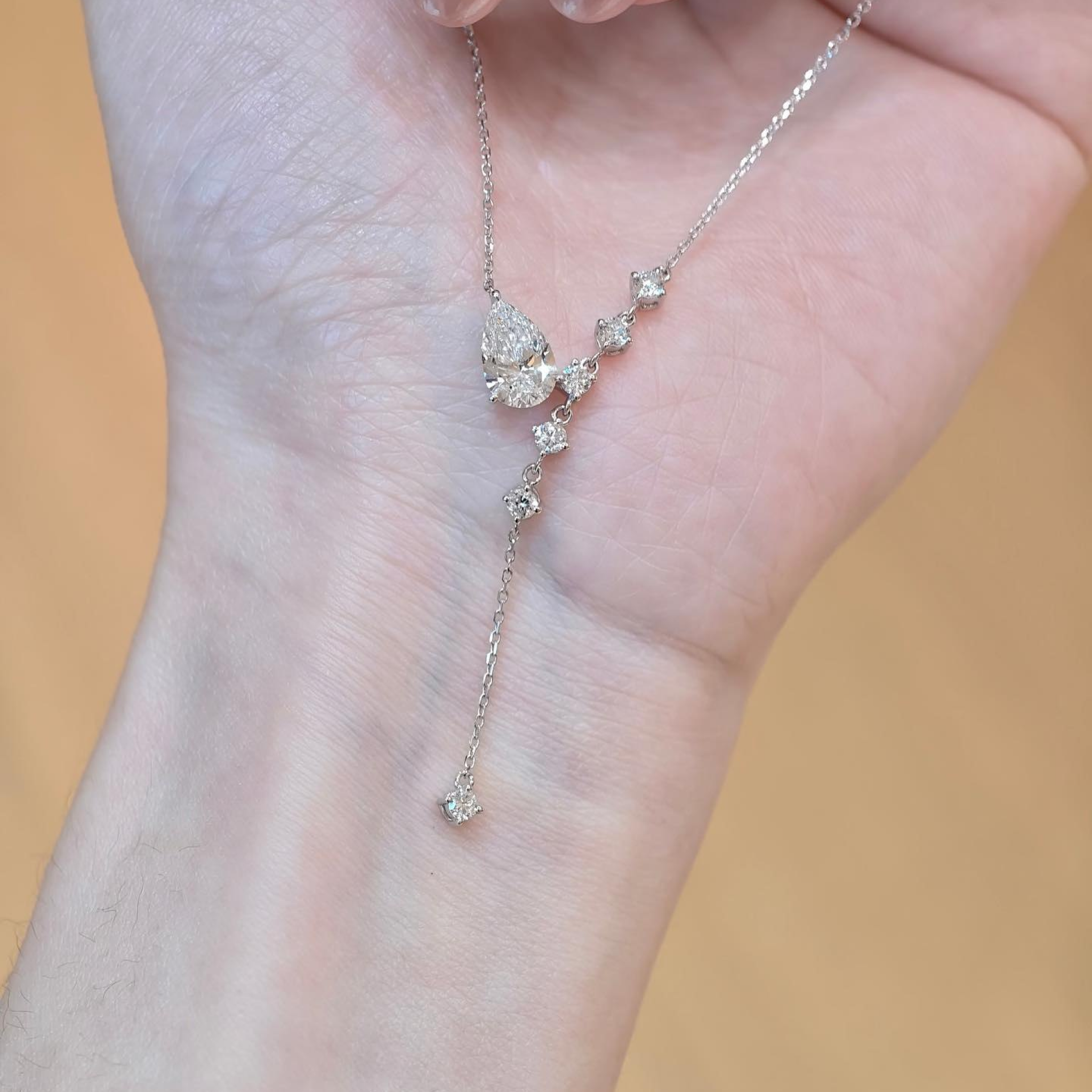 Pear Cut Lab Grown Diamond Y Drop Necklace | Round Diamond Lariat Pendant | 14K White Gold Bridal Necklace