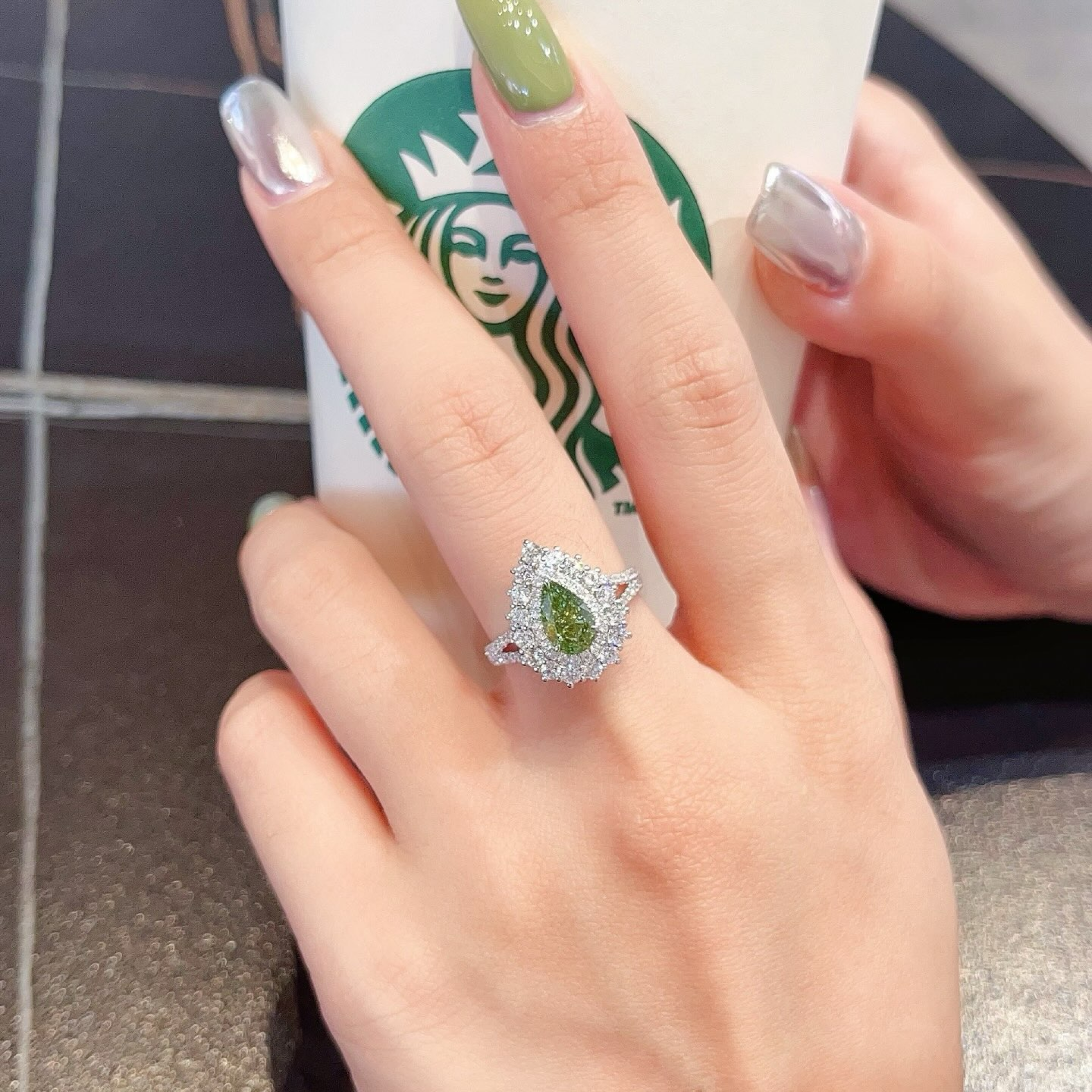 2 CT Fancy Green Pear Cut Lab Grown Diamond Ring | Double Halo Split Shank Pavé Engagement Ring