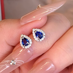 Blue Pear-Cut Sapphire Diamond Halo Stud Earrings