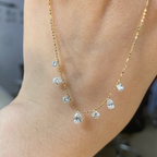 1 CT Floating Lab Grown Diamond Station Necklace | Round & Pear Diamond Dangle Necklace | 14K Gold Fine Jewelry