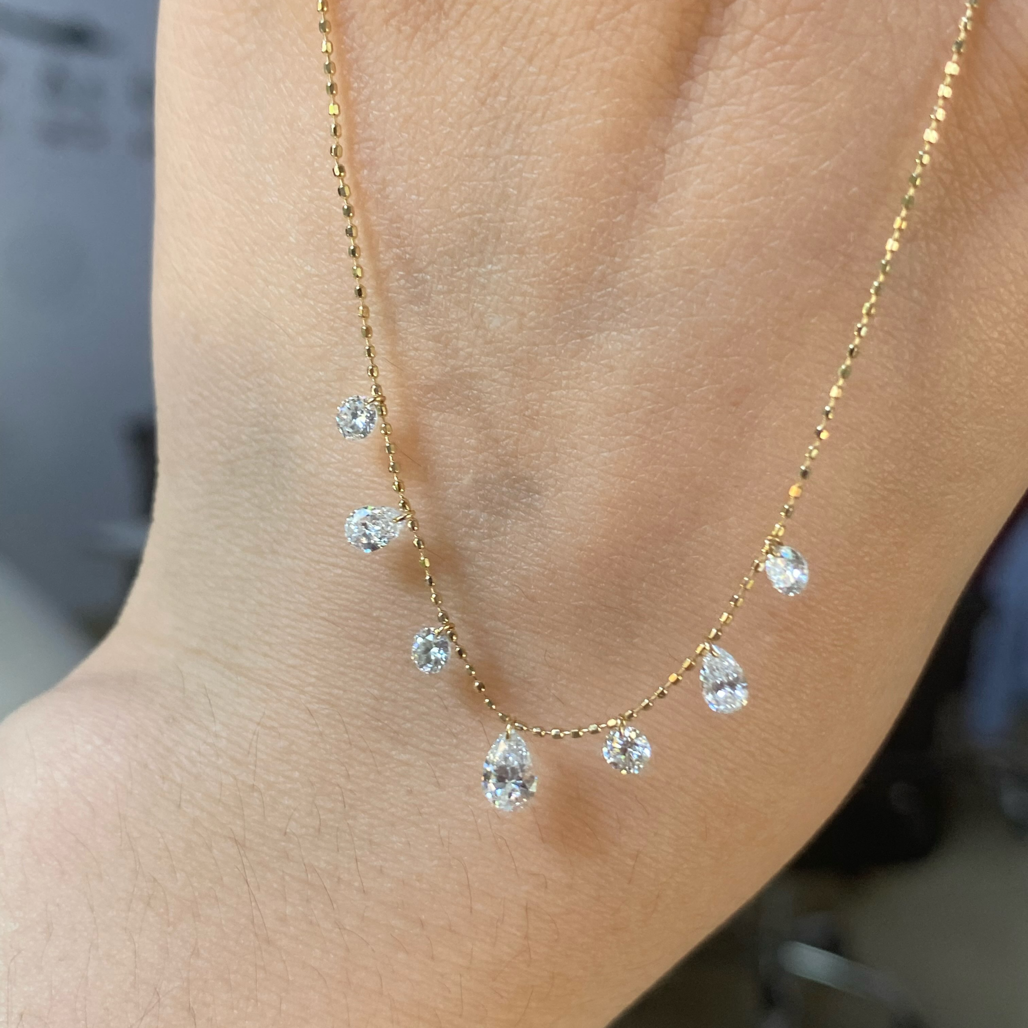 1 CT Floating Lab Grown Diamond Station Necklace | Round & Pear Diamond Dangle Necklace | 14K Gold Fine Jewelry