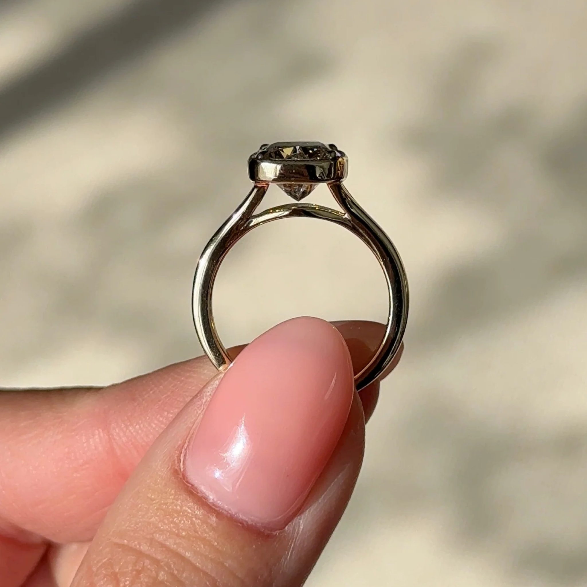 3 carats Elongated Cushion cut Tapered band with slim bezel ring