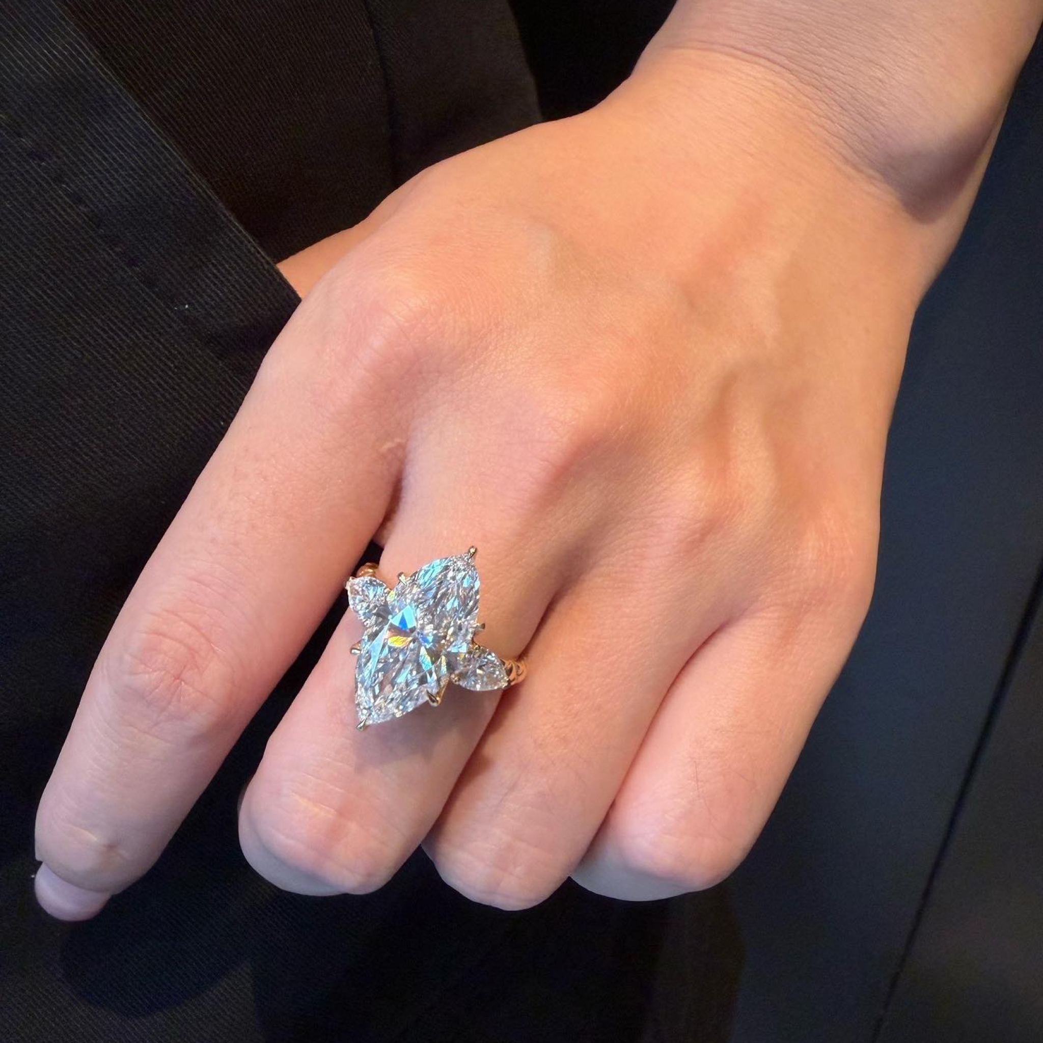 Marquise Lab Grown Diamond Engagement Ring with Pear Side Stones | Three Stone Gold Ring