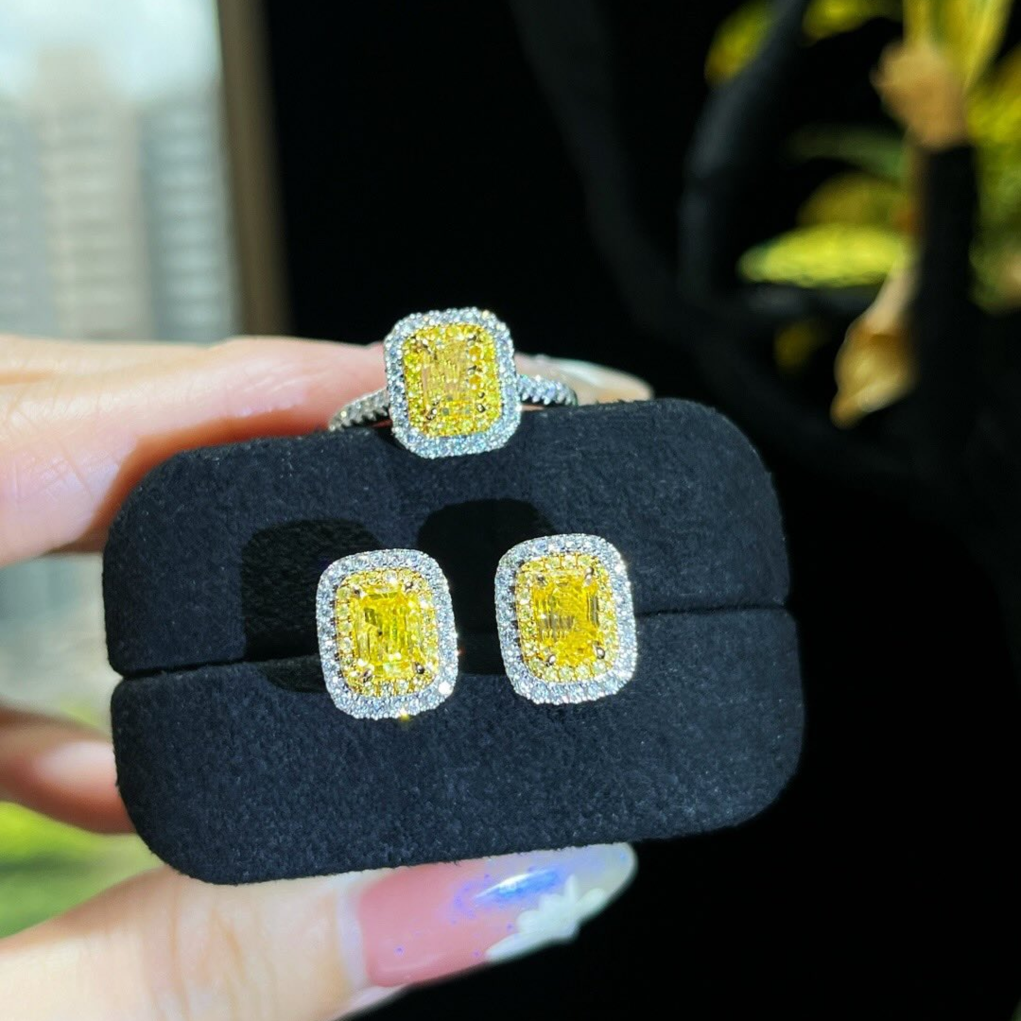 Fancy Yellow Diamond Halo Engagement Ring | Radiant Cut Pavé Diamond Ring
