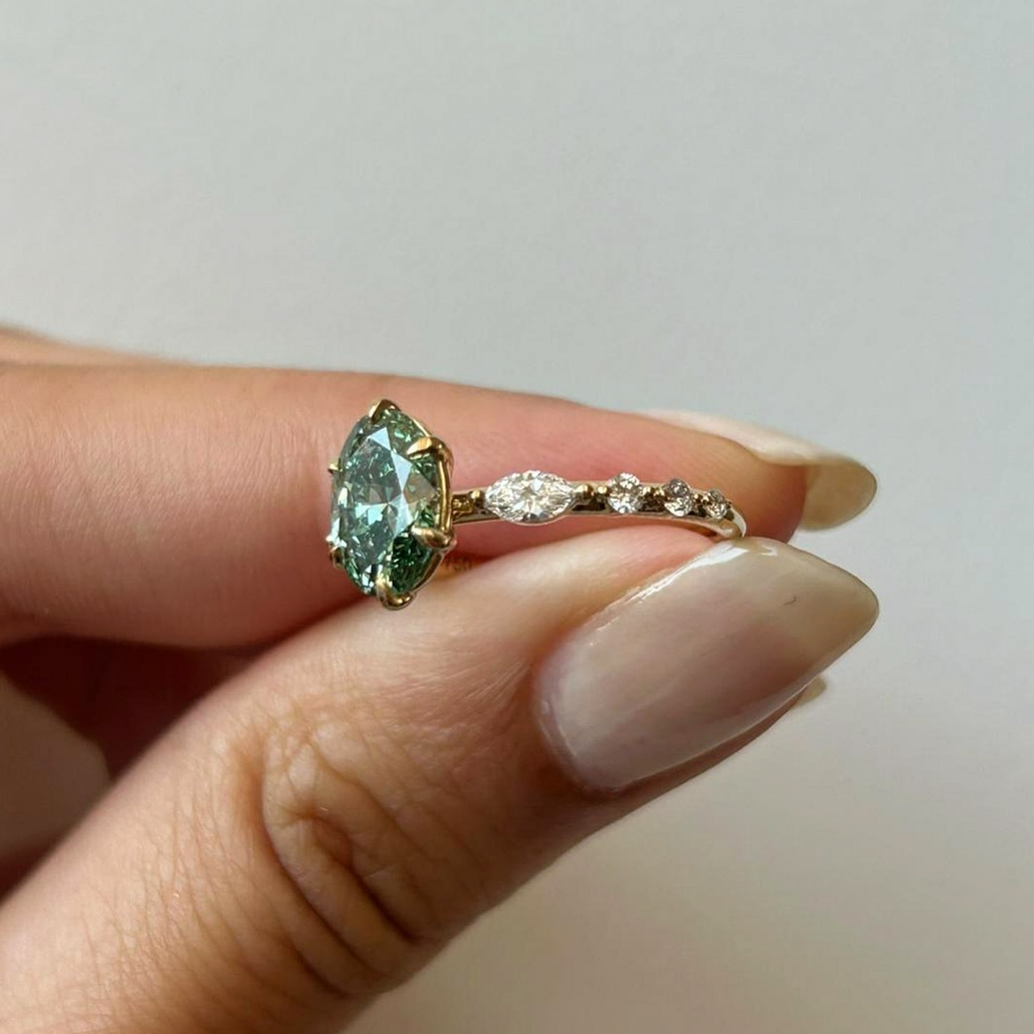 1 CT Deep Green Oval Lab Grown Diamond Engagement Ring | Marquise Side Stone Solitaire Ring | 14K Solid Gold