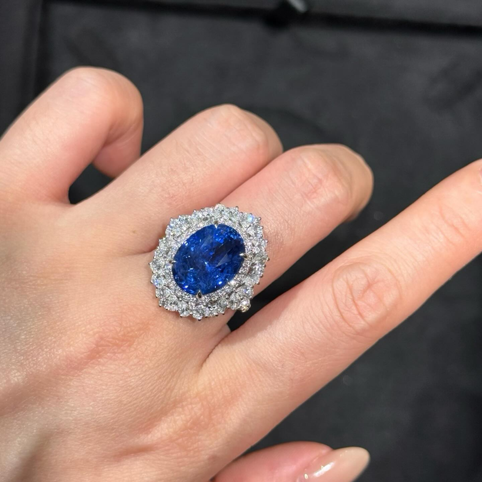 Oval Blue Sapphire & Diamond Double Halo Ring | Vintage Cocktail Ring