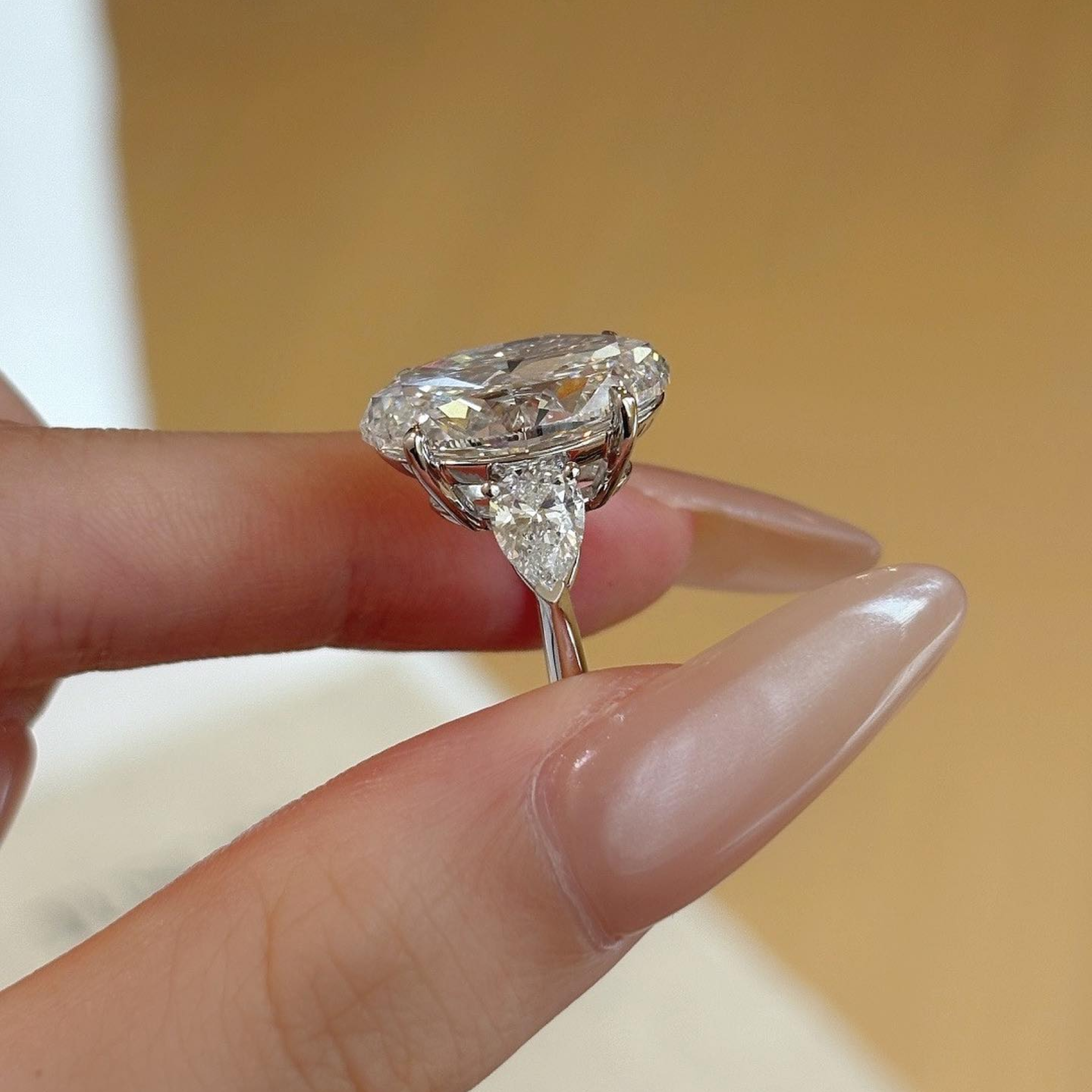 5 CT Oval Lab Grown Diamond Three Stone Engagement Ring | Pear Side Stone Solitaire Ring