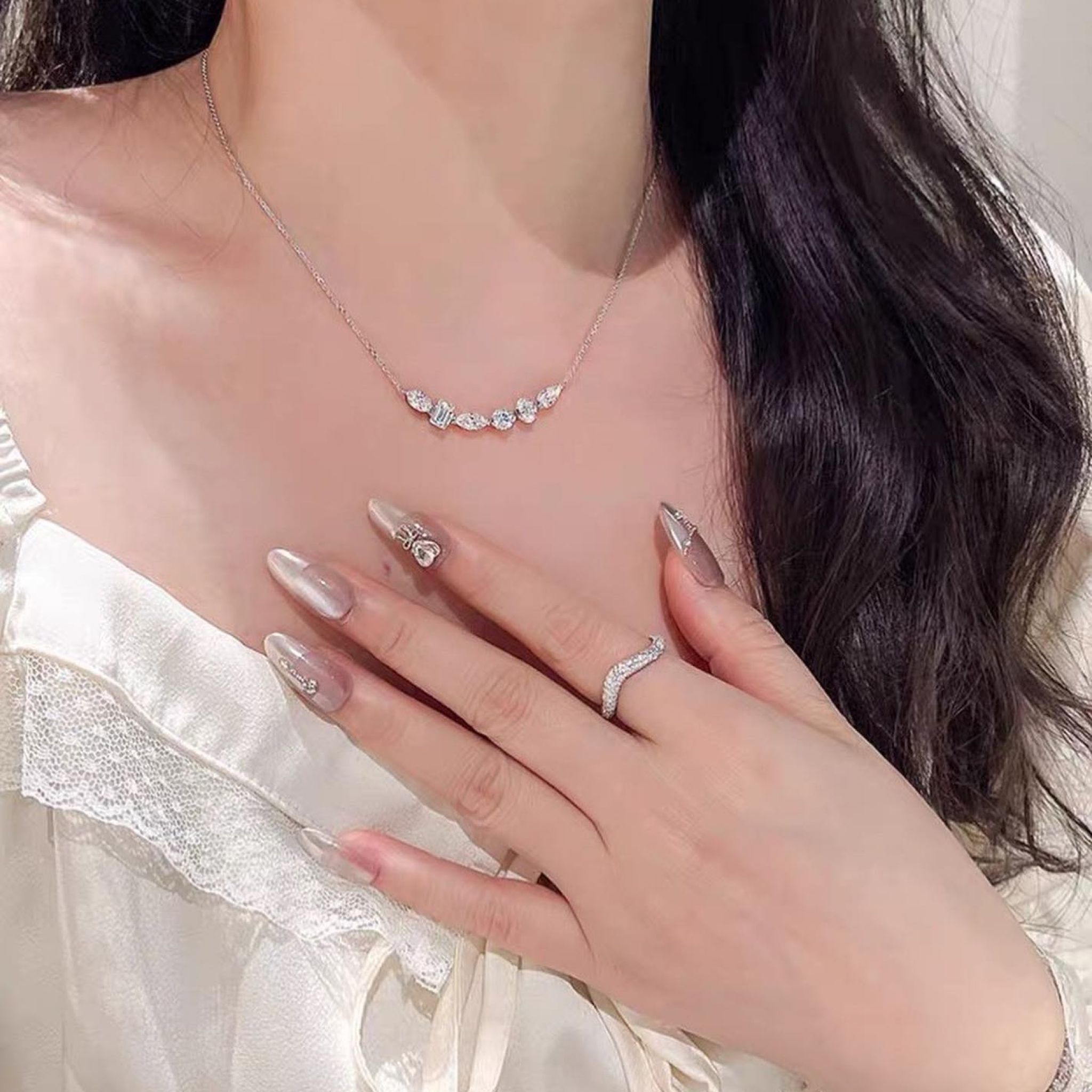 Mixed Shape Lab Grown Diamond Bar Necklace | Emerald, Marquise, Oval, Round & Pear Cut Diamonds in 14K Solid Gold