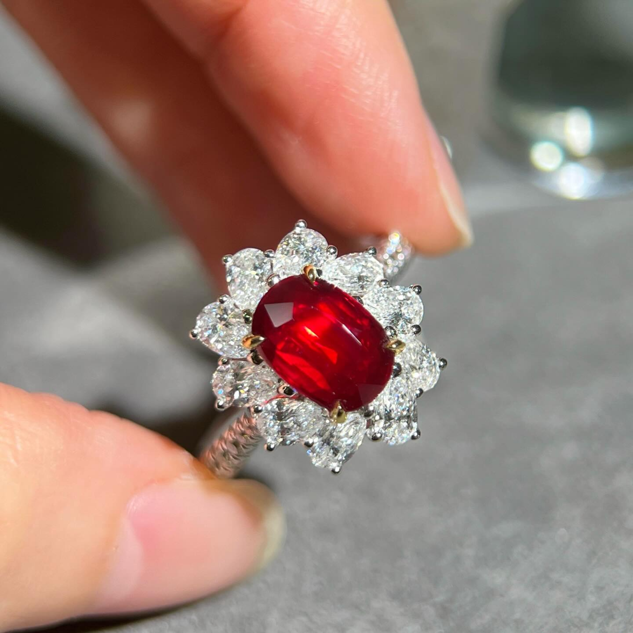 Oval Ruby & Diamond Floral Halo Cocktail Ring | Luxury Statement Ring