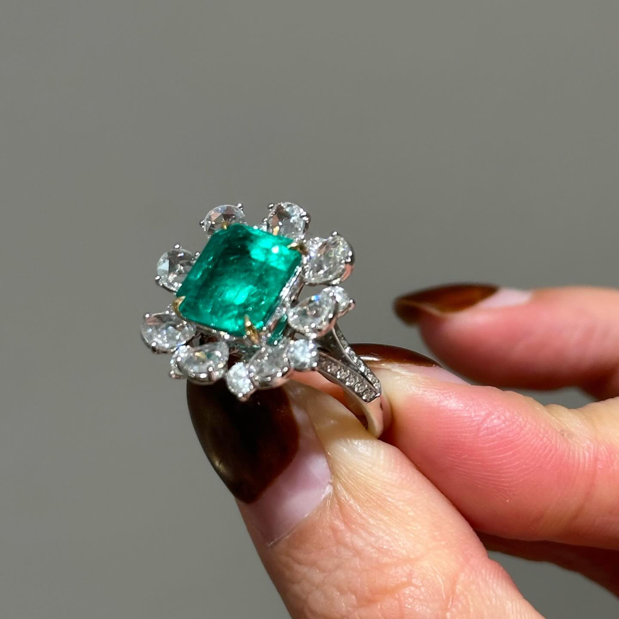 2 CT Green Emerald Cut Lab Grown Diamond Ring | Vintage Floral Halo Engagement Ring | Split Shank Diamond Bridal Ring
